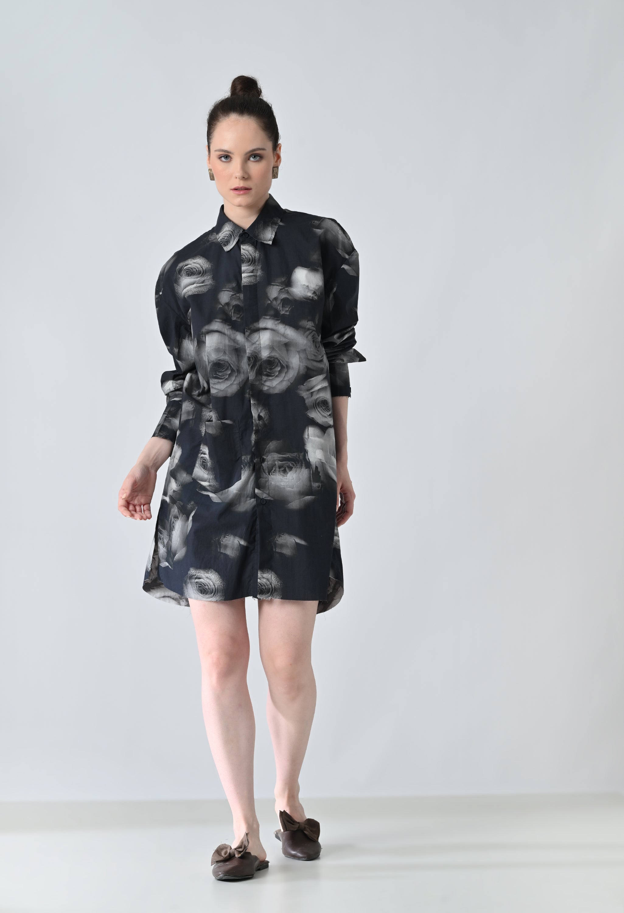 Black Blur Rose Printed Long Shirt