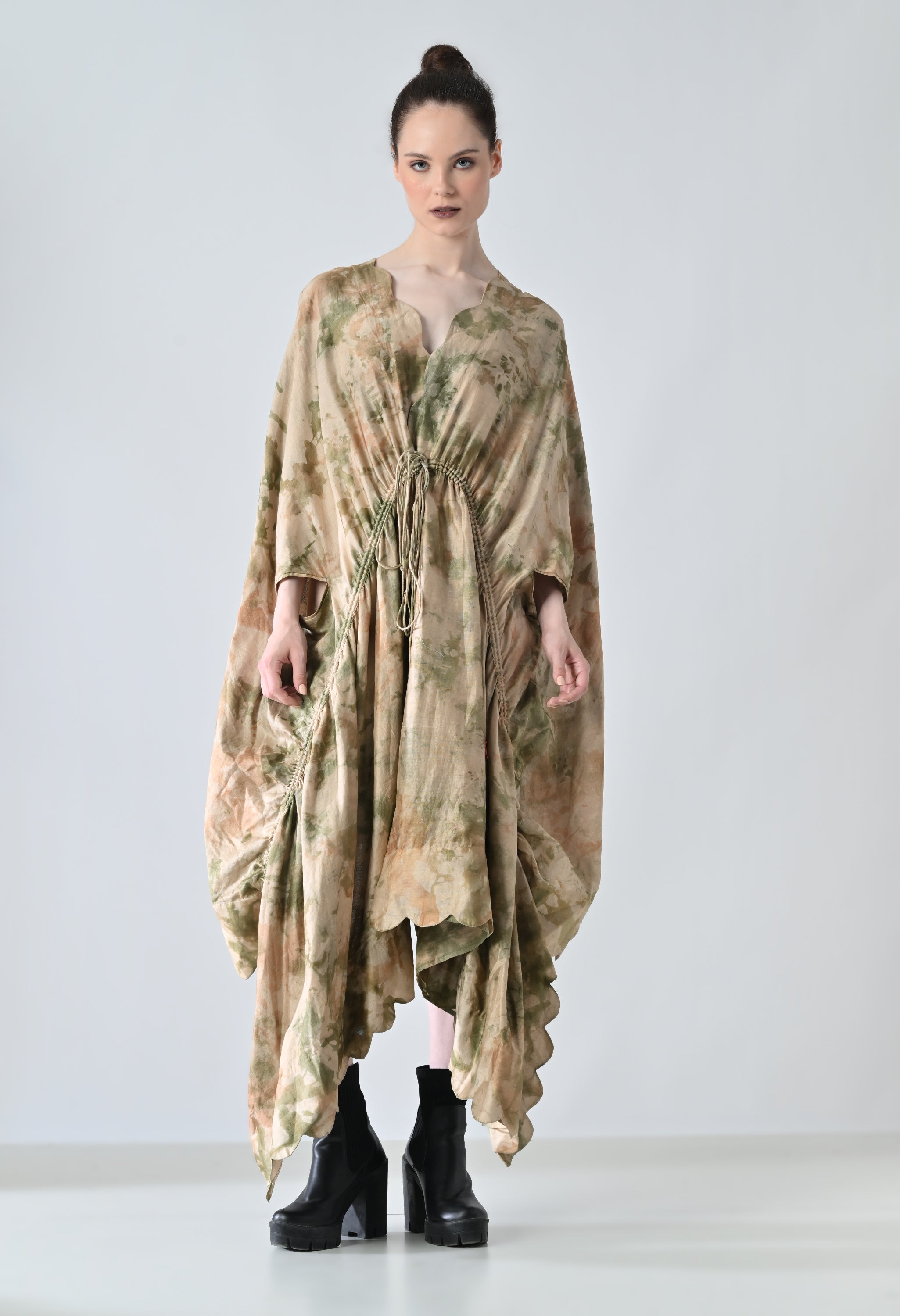 Desert Beige Drape Gathered Printed Kaftan Dress
