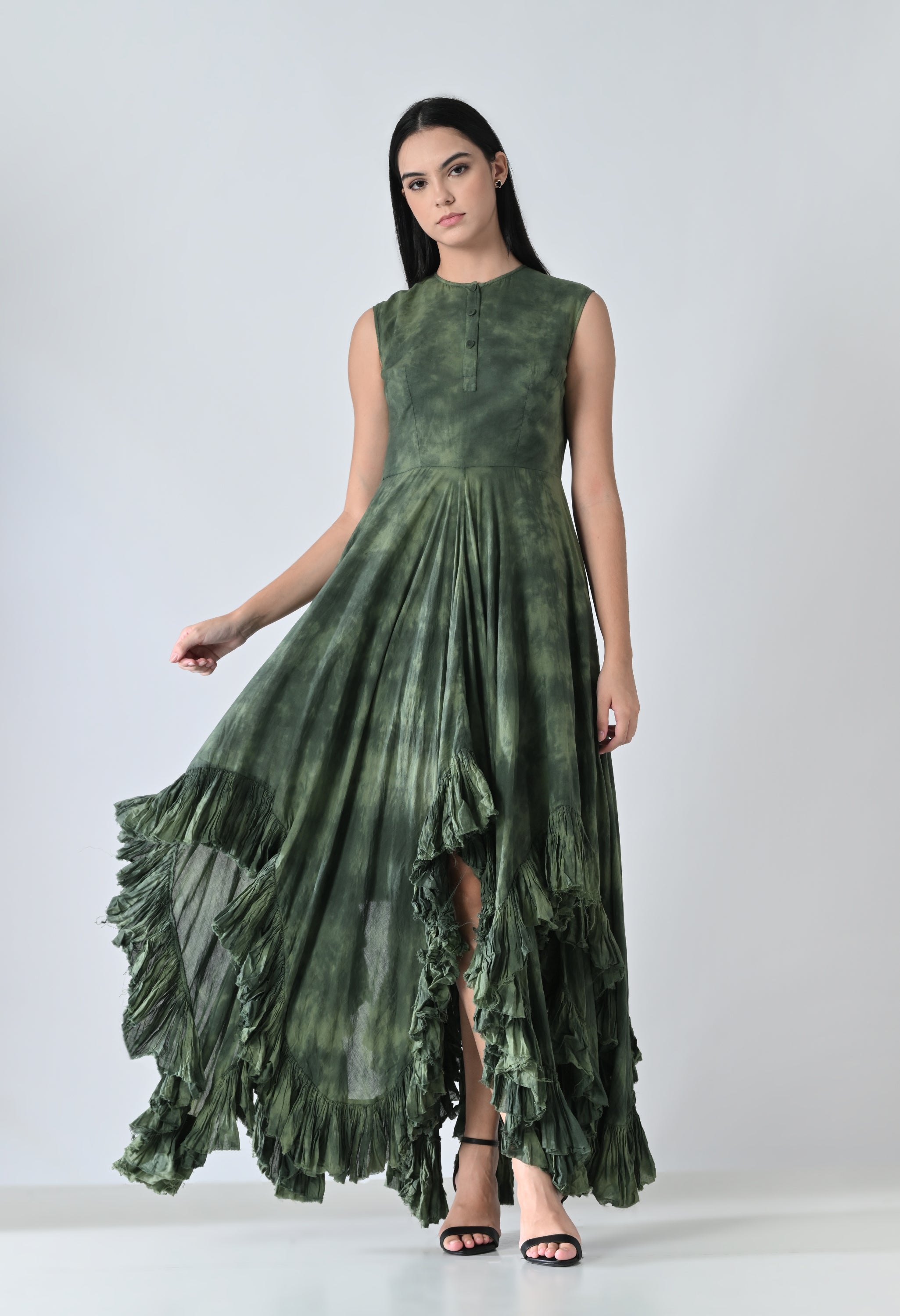 Green Forest Cascade Ruffled High Low Printed Dress
