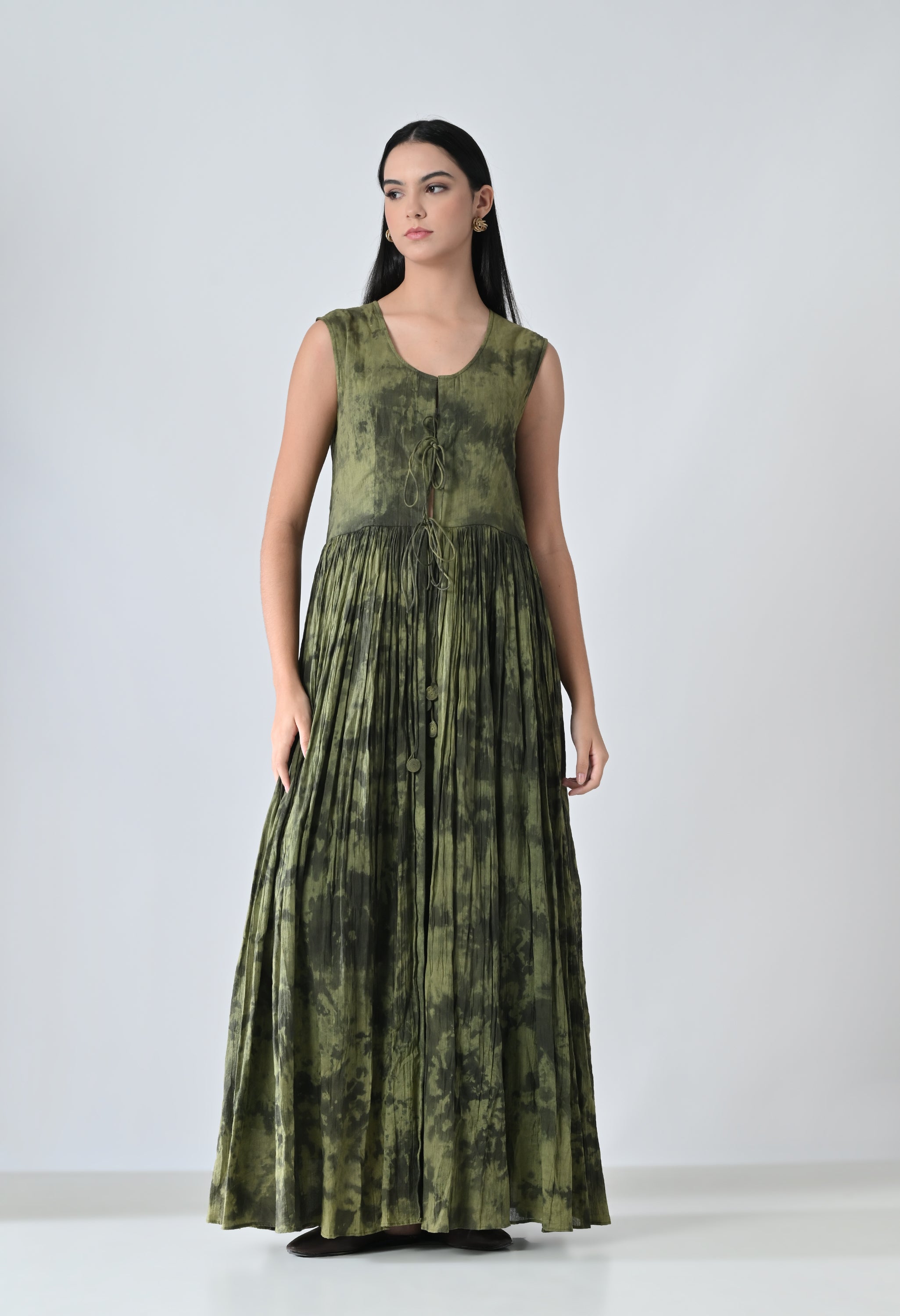 Green Forest Gathered Printed Long Dress