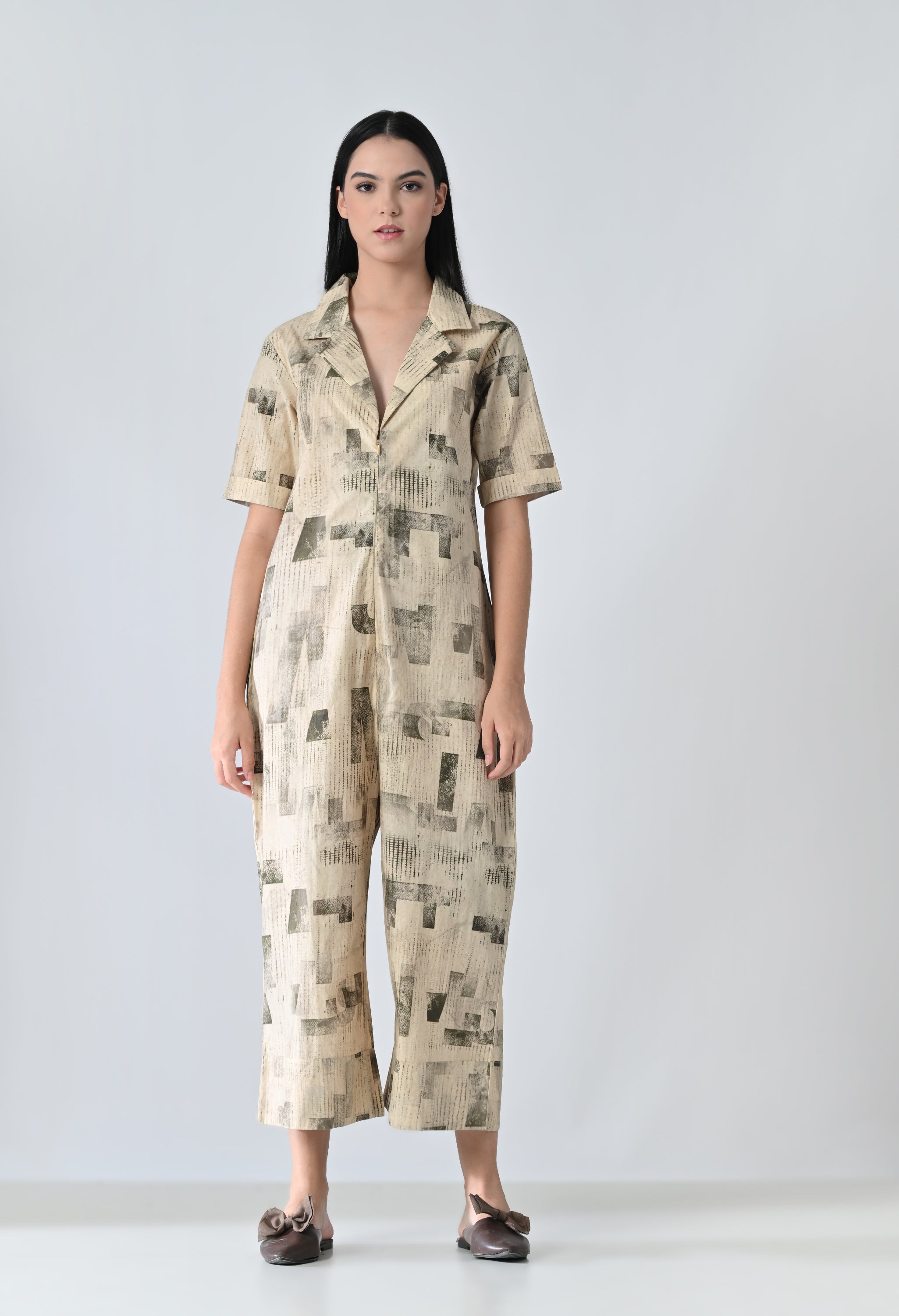 Beige Printed Relaxed Fit Jumpsuit