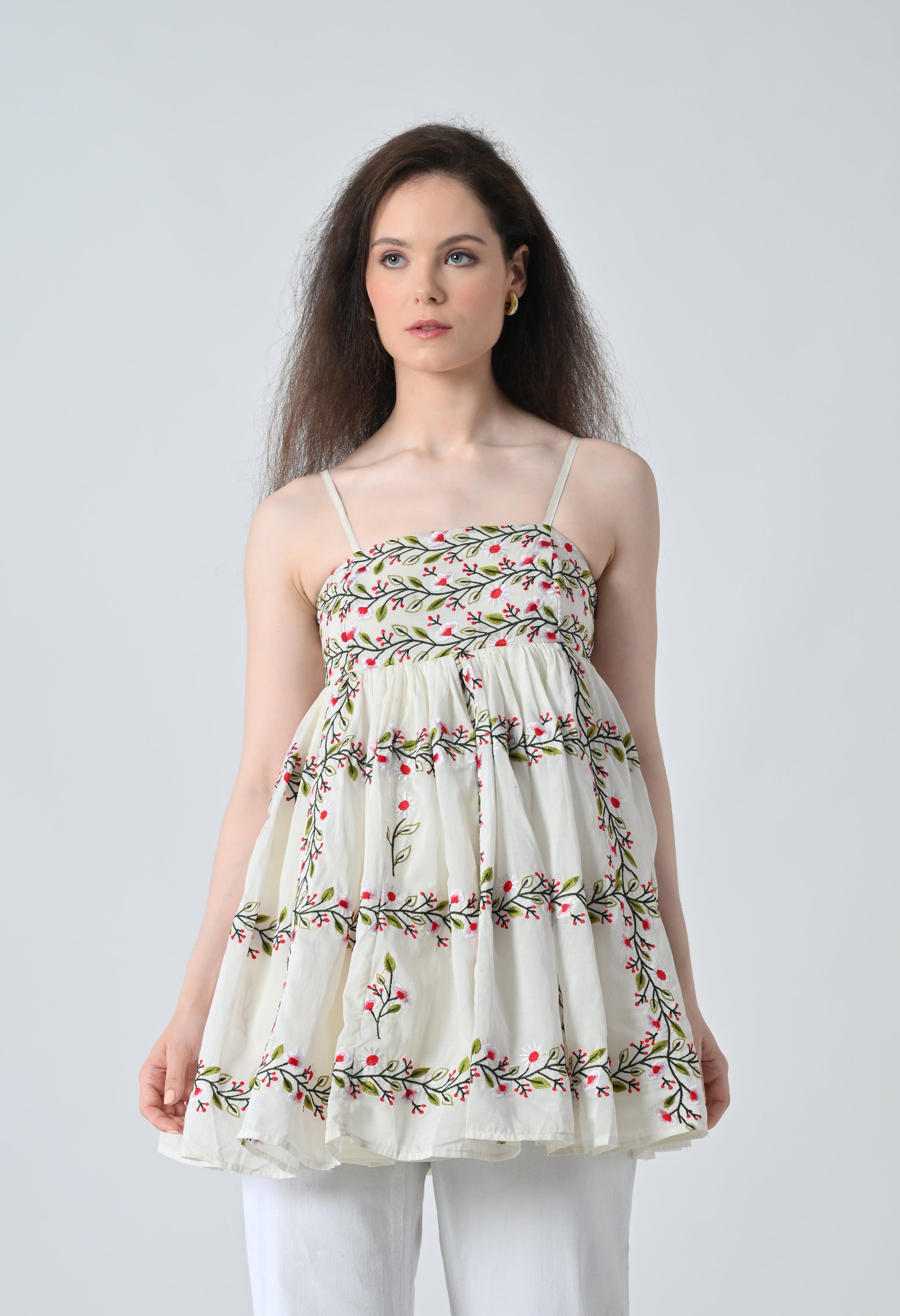 Ivory Vine Embroidered Tiered Top