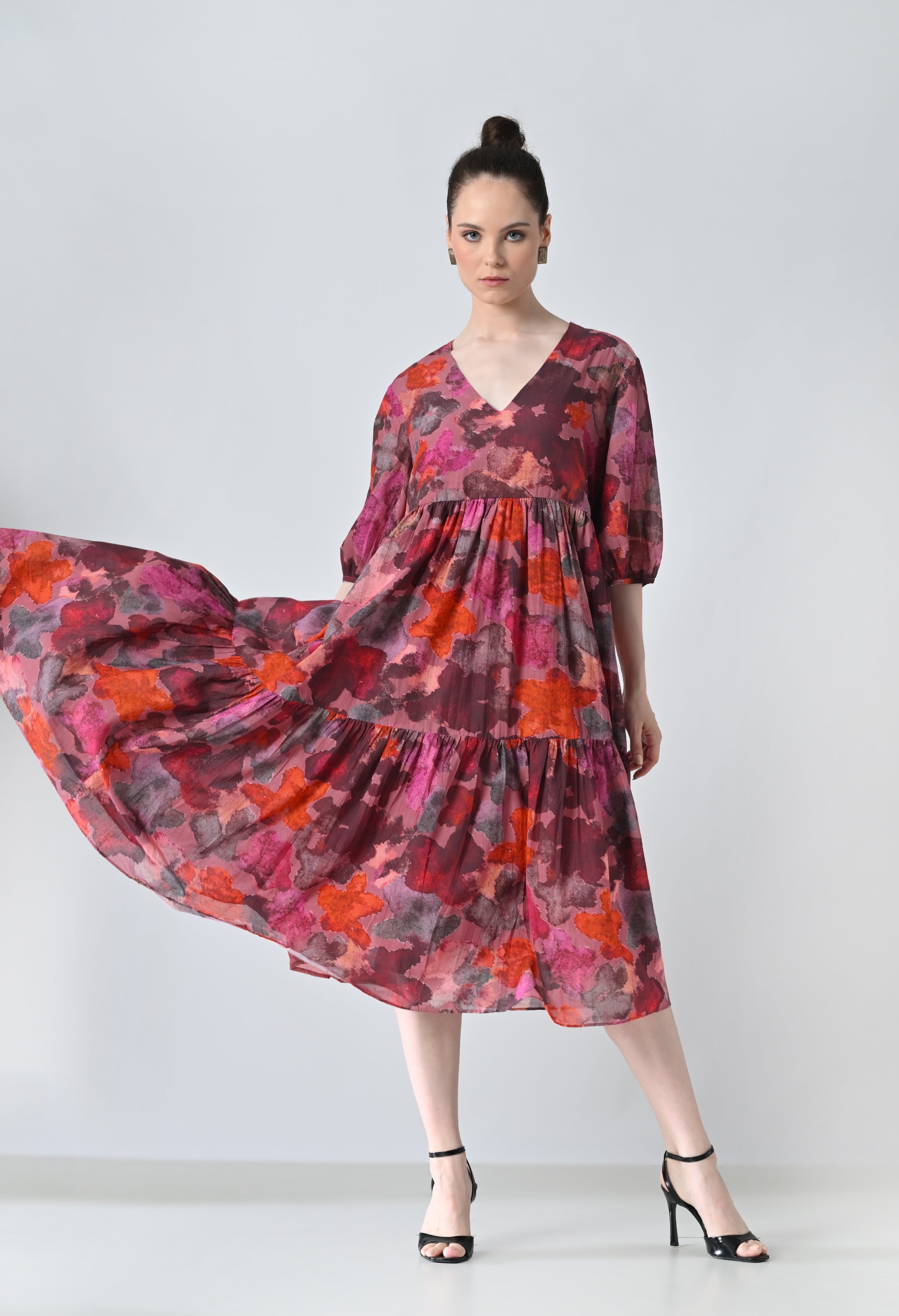 Crimson Red Bloom Multi Printed Tiered Dress