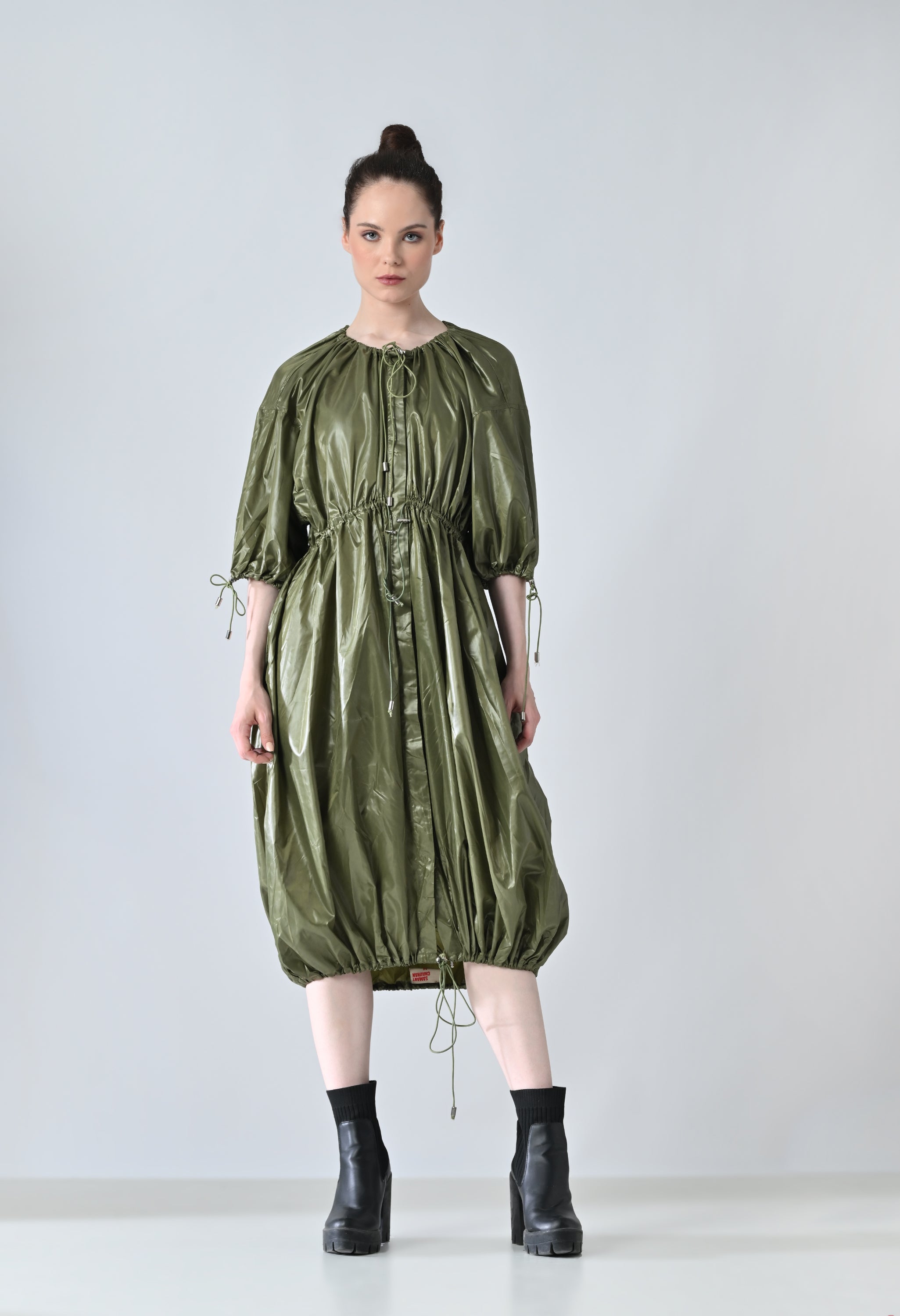 Olive Utility Gathered Ballon Dress