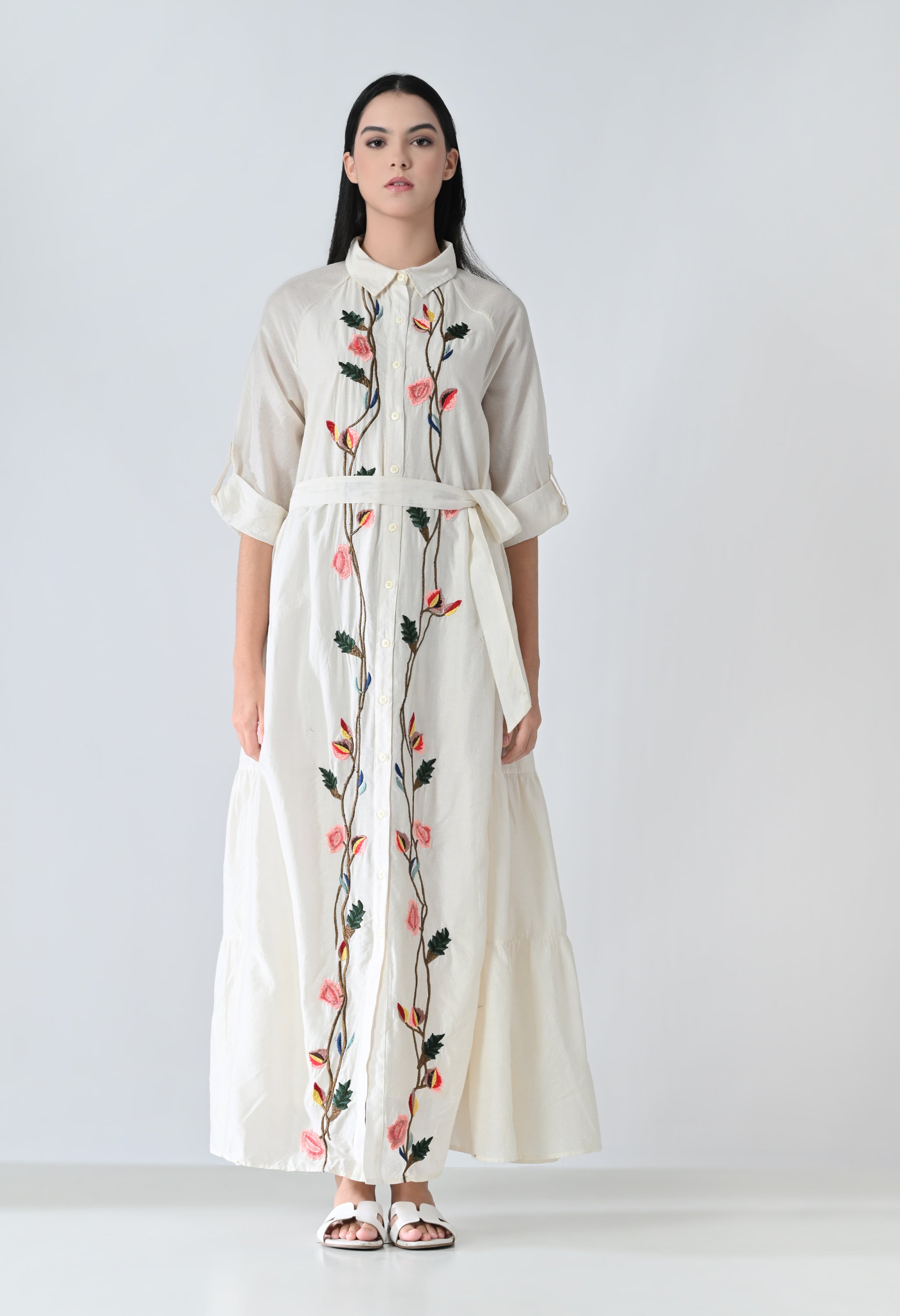 Ivory Floral Garden Embroidered Long Dress