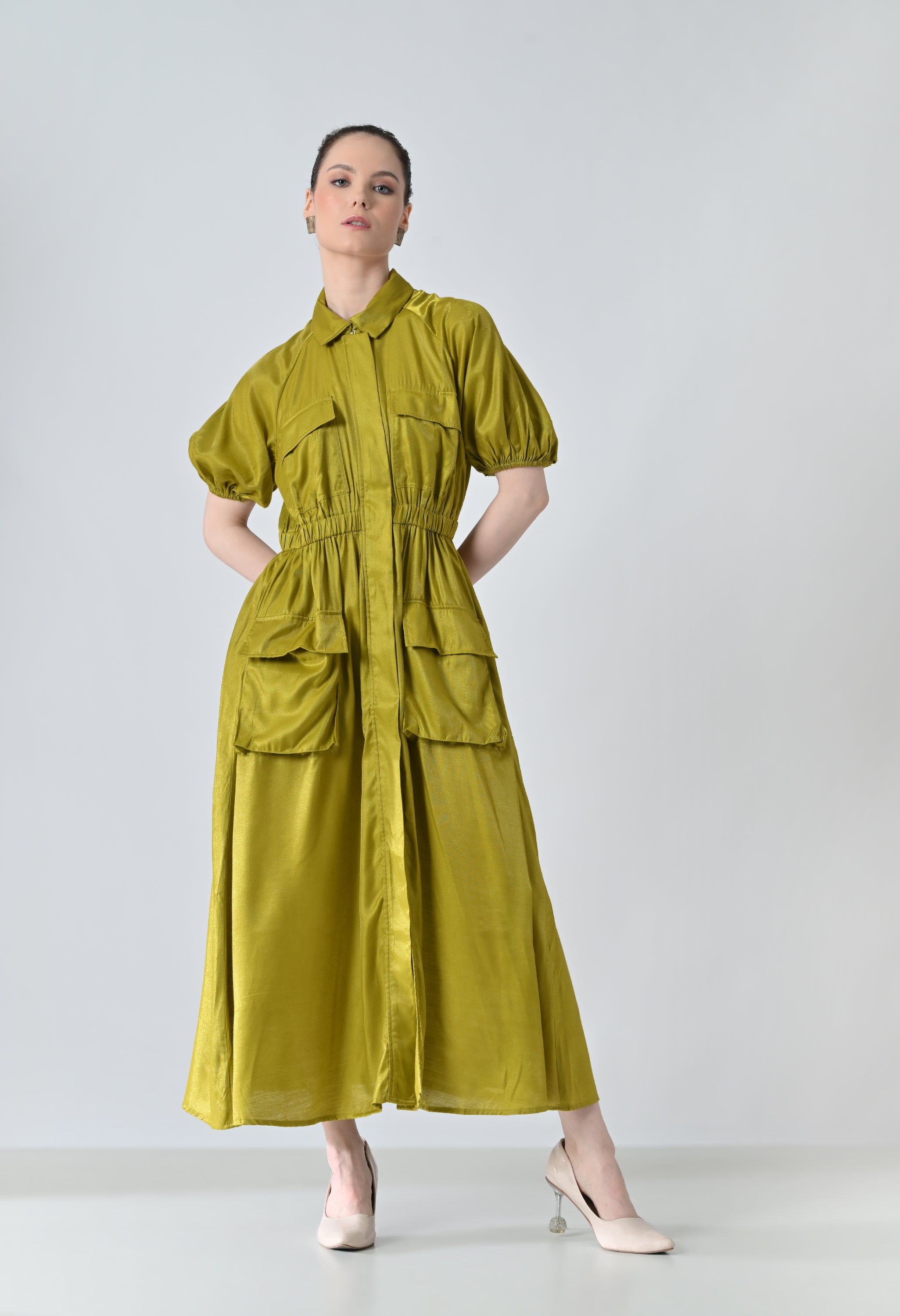 Olive Gathered Utility Dress With Pockets