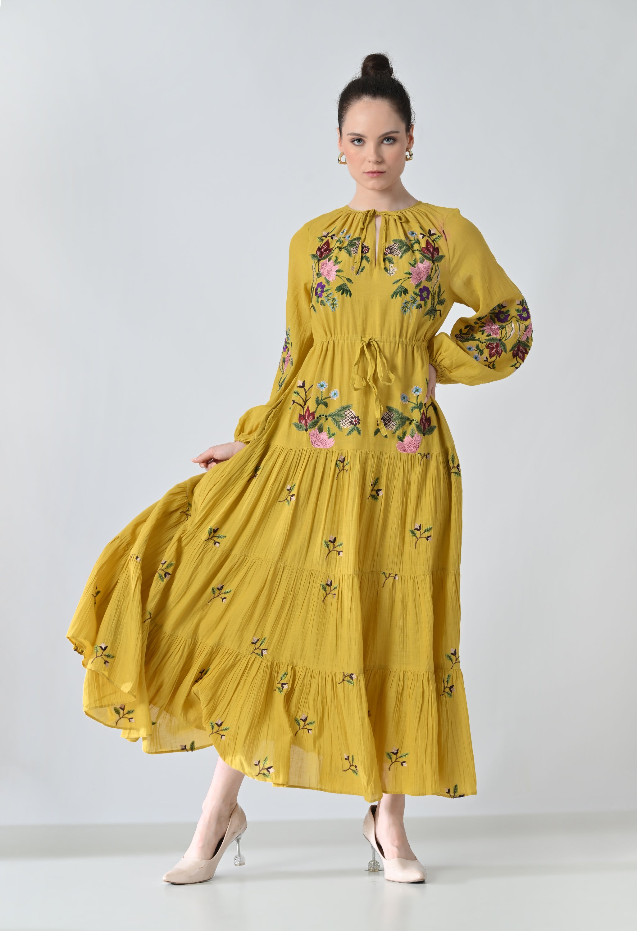 Sunflower Yellow Embroidered Midi Dress
