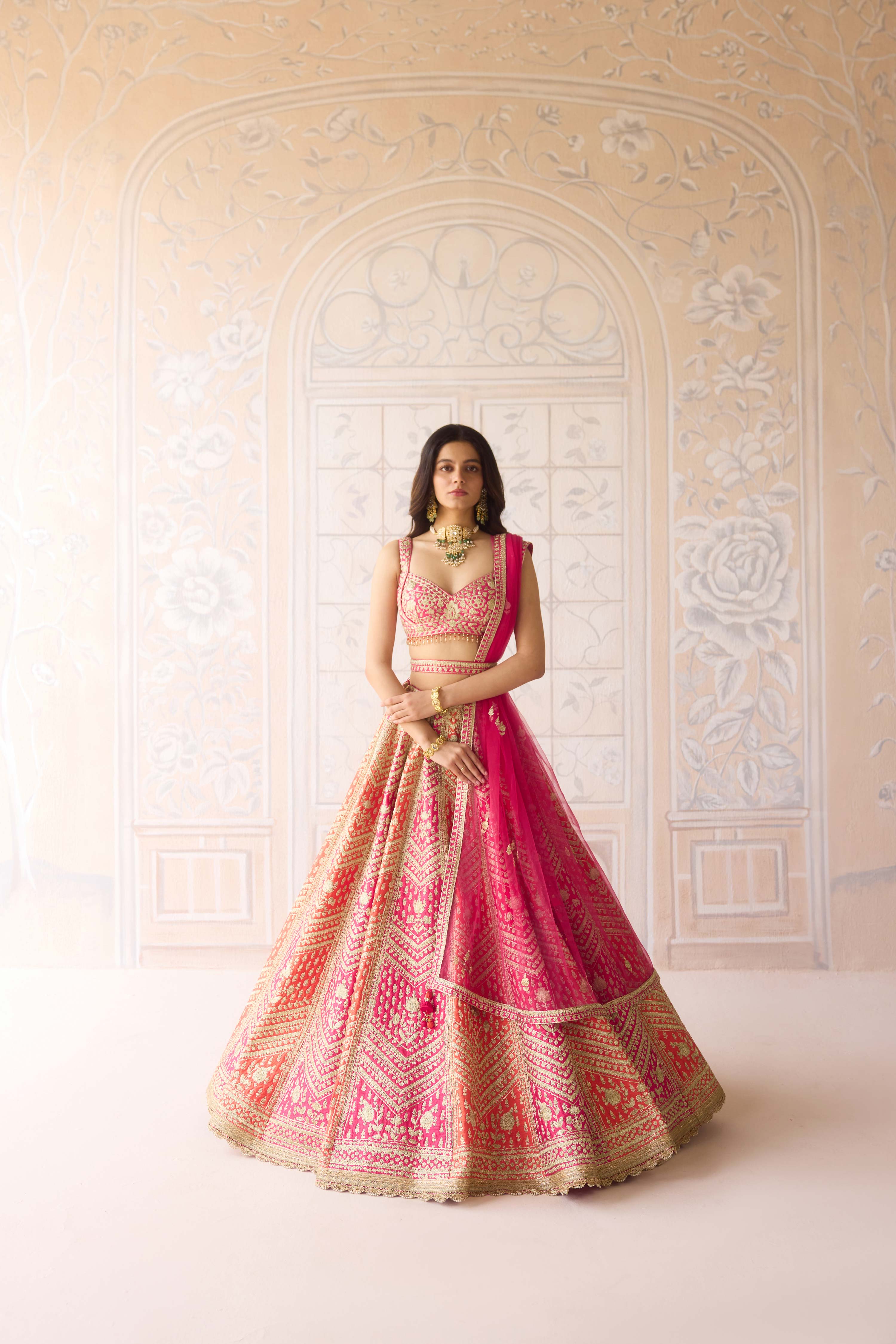 Raw silk coral orange pink gold dori embroidered lehenga set with organza dupatta
