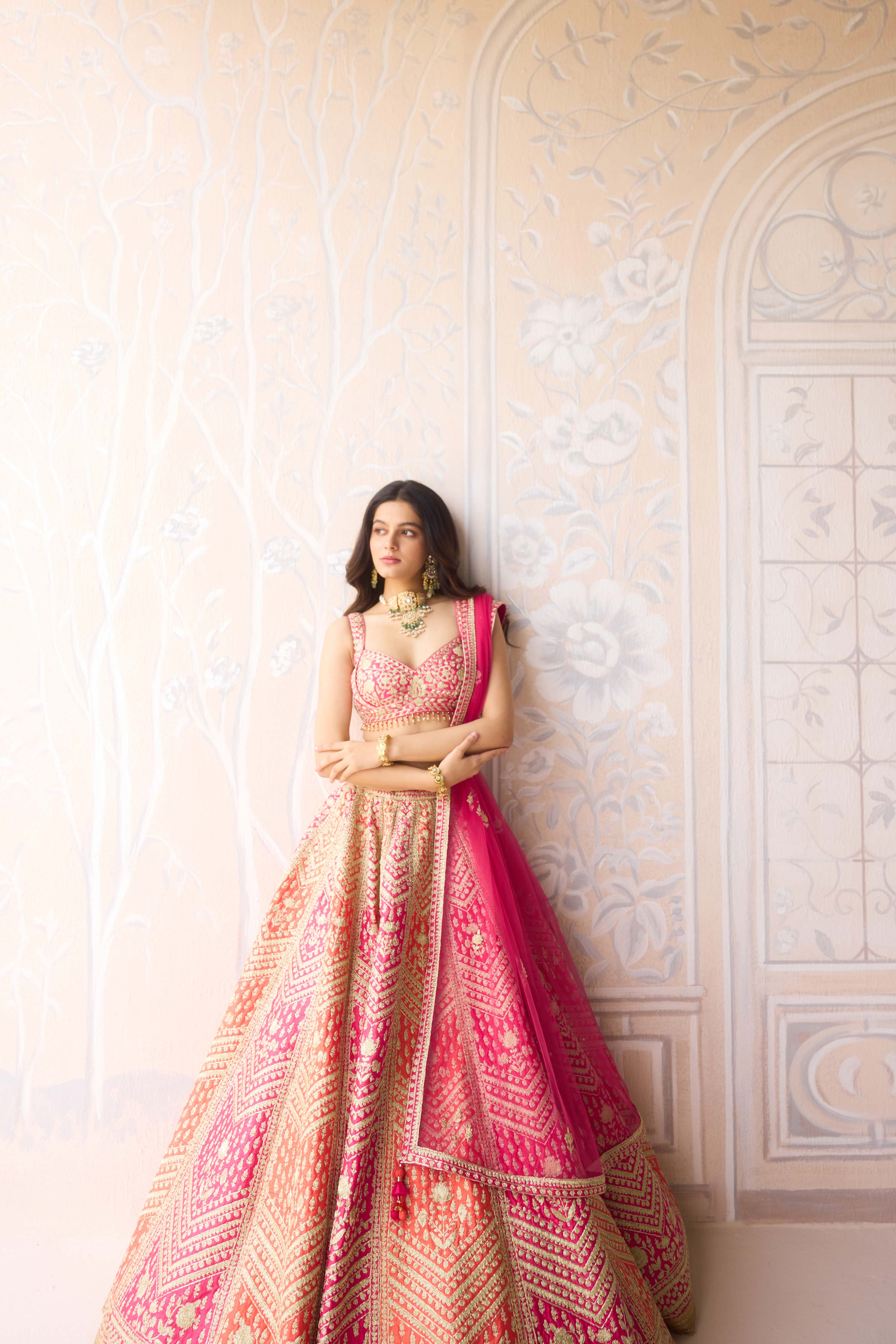 Raw silk coral orange pink gold dori embroidered lehenga set with organza dupatta