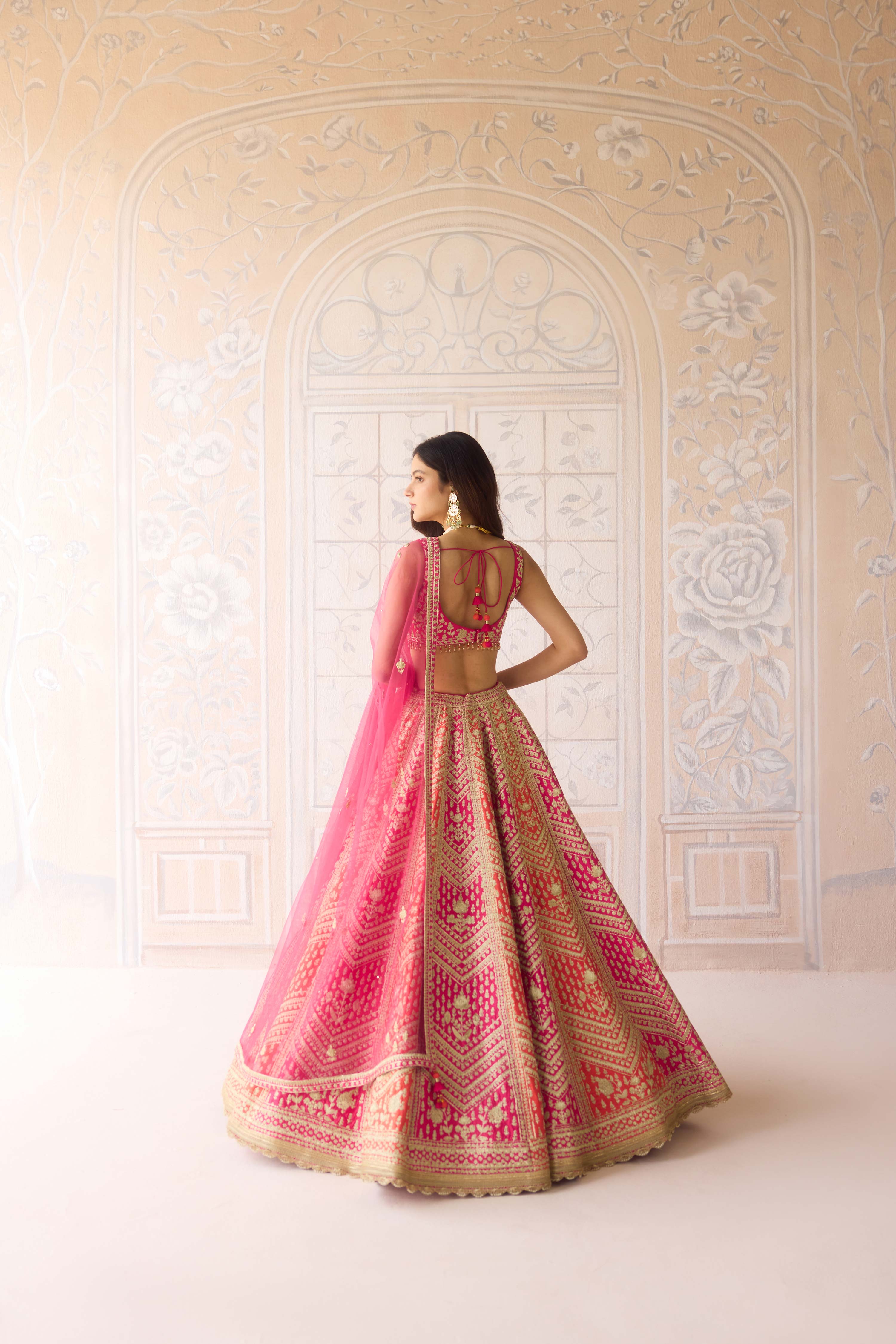 Raw silk coral orange pink gold dori embroidered lehenga set with organza dupatta
