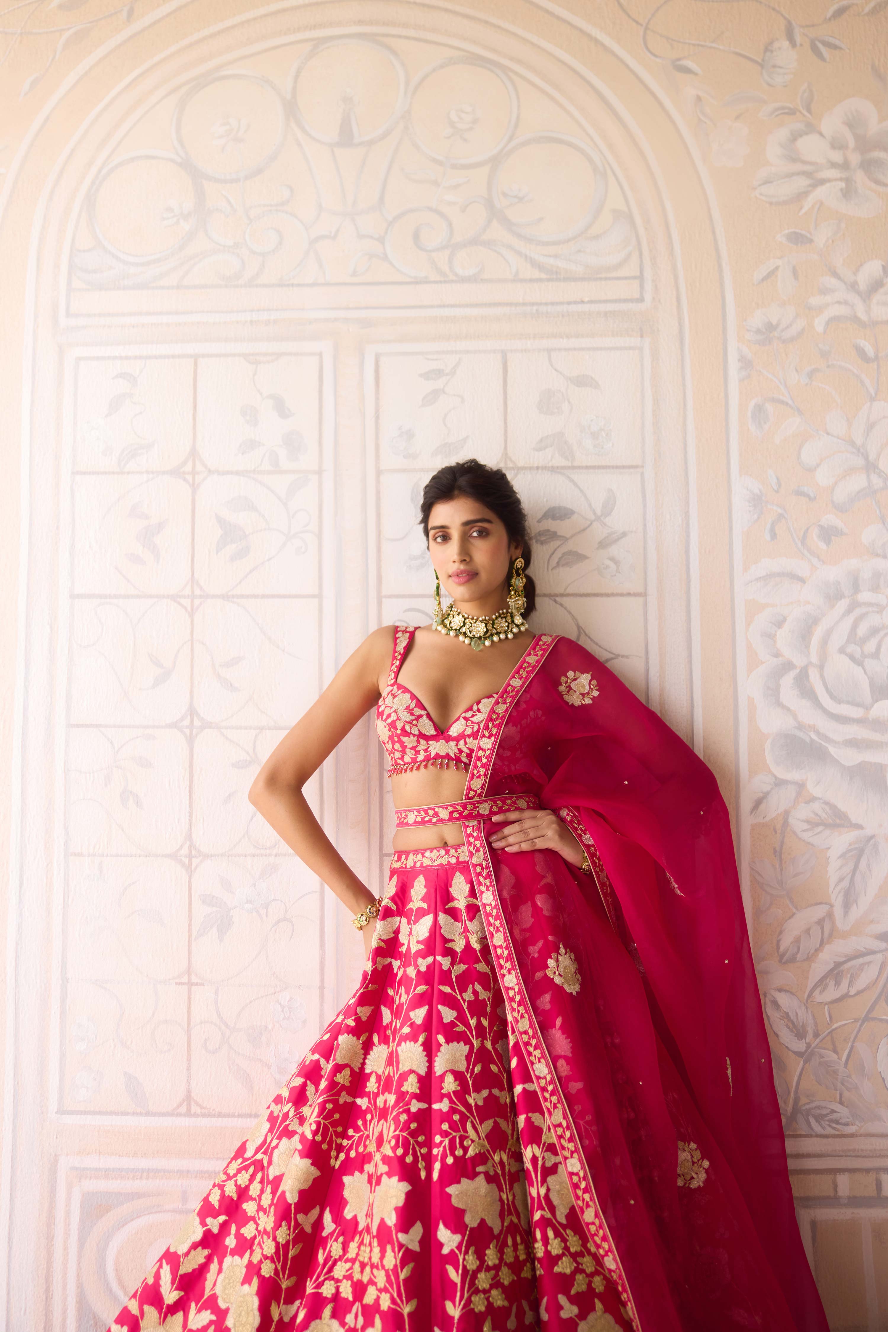 Raw silk carmine rose pink gold applique and dori embroidered lehenga set with organza dupatta