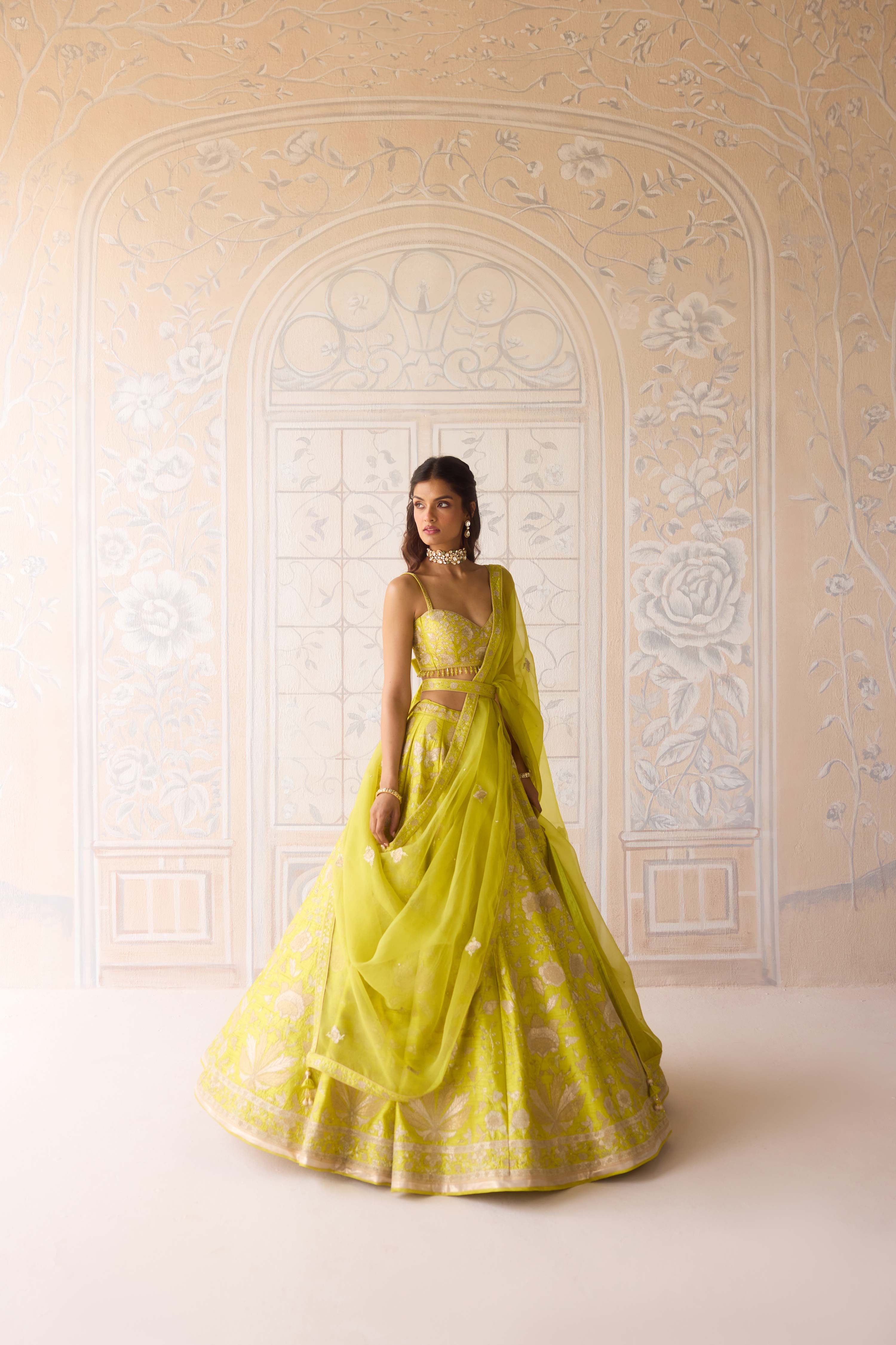 Raw silk spring green gold applique and thread embroidered lehenga set with organza dupatta