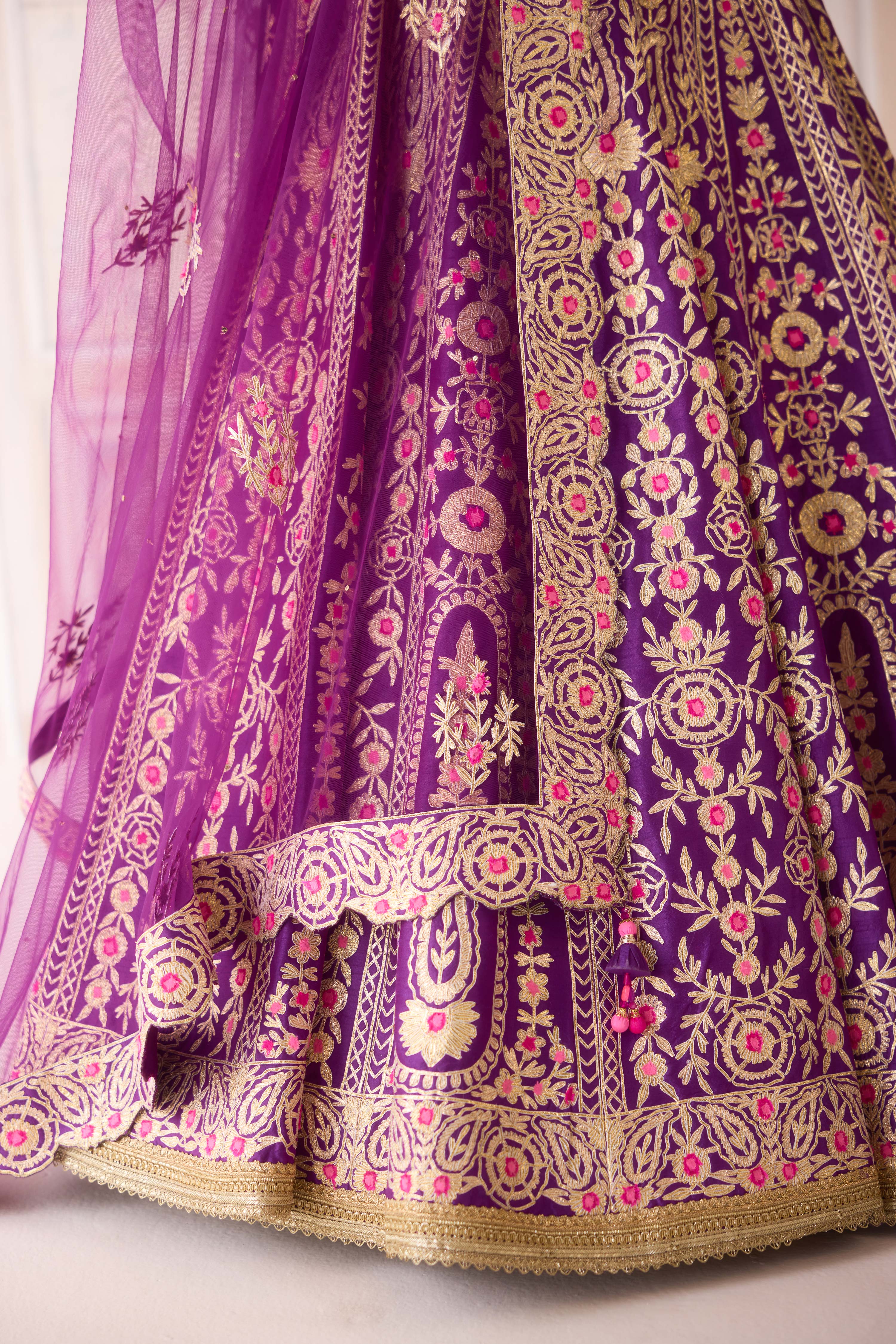 Raw silk royal purple gota and thread embroidered lehenga set