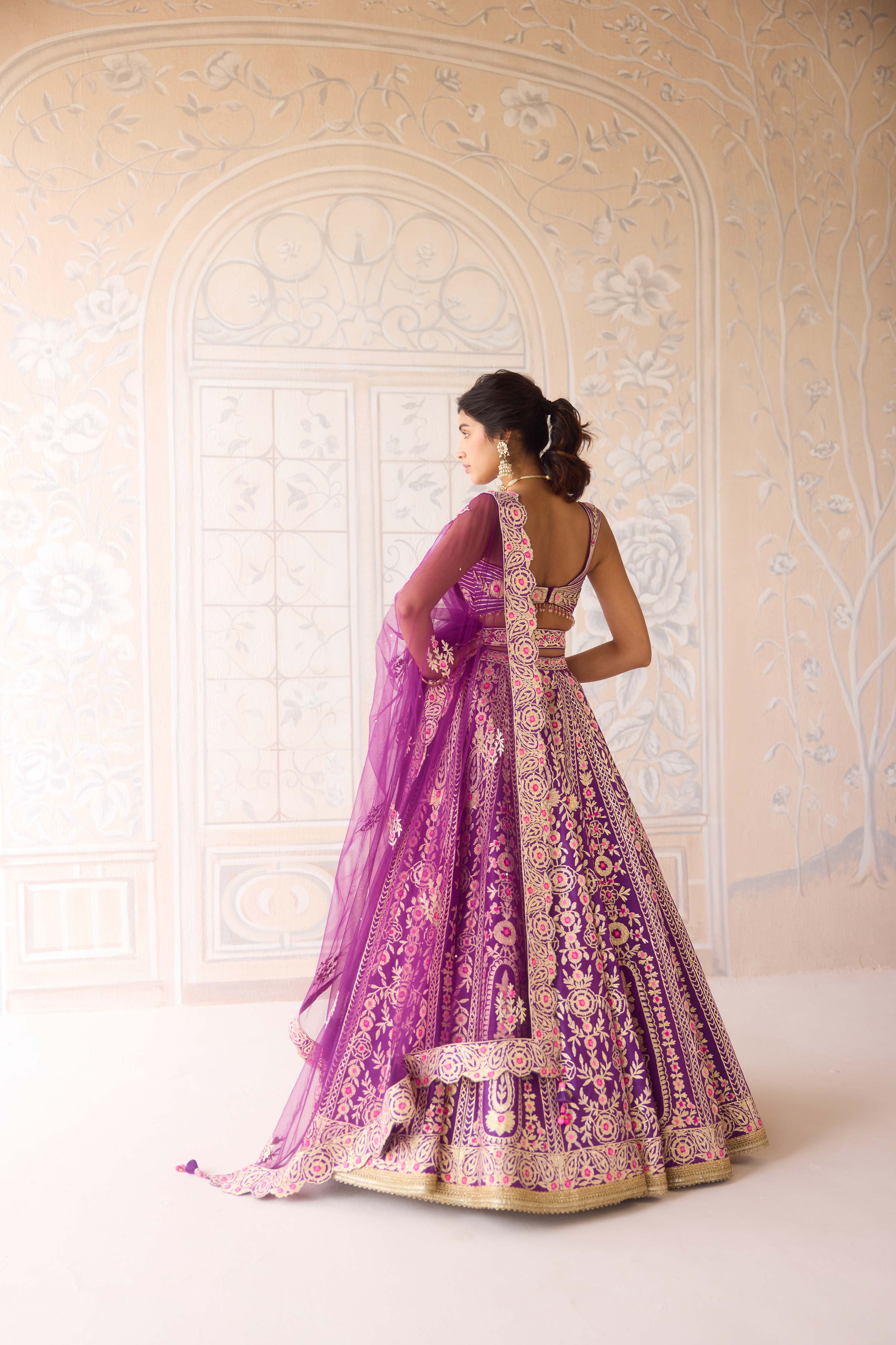 Raw silk royal purple gota and thread embroidered lehenga set