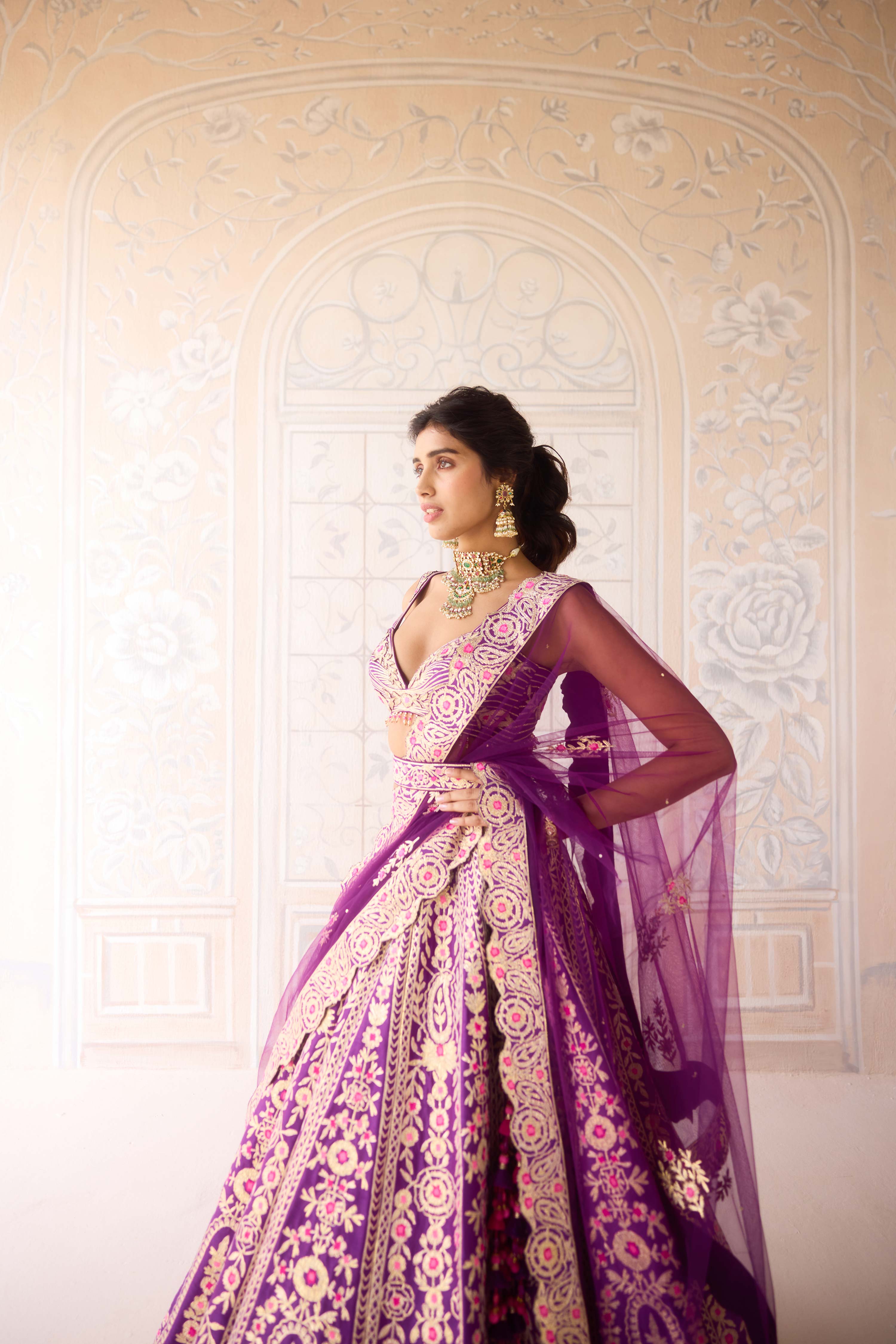 Raw silk royal purple gota and thread embroidered lehenga set