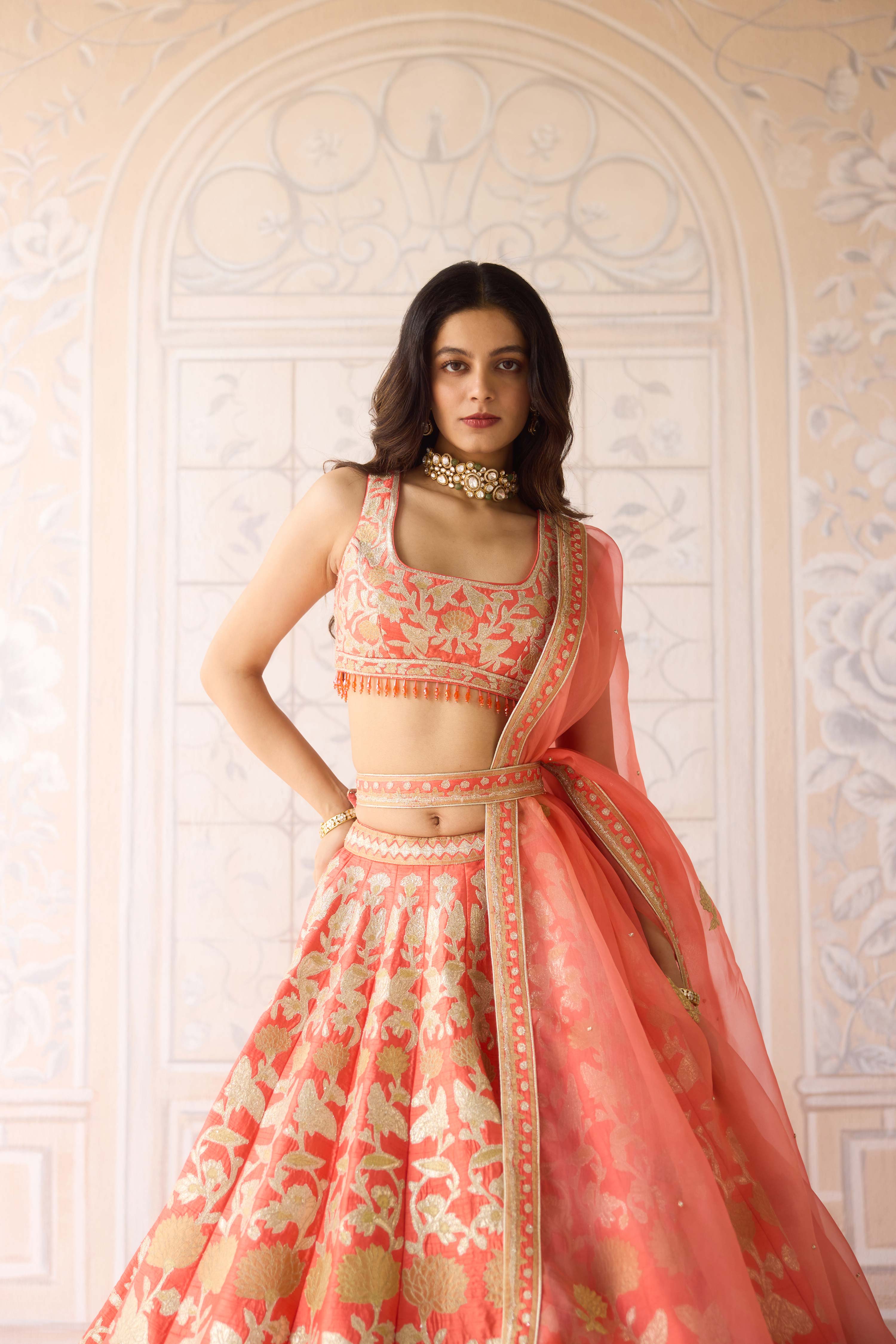 Raw silk coral orange gold applique embroidered lehenga set with organza dupatta