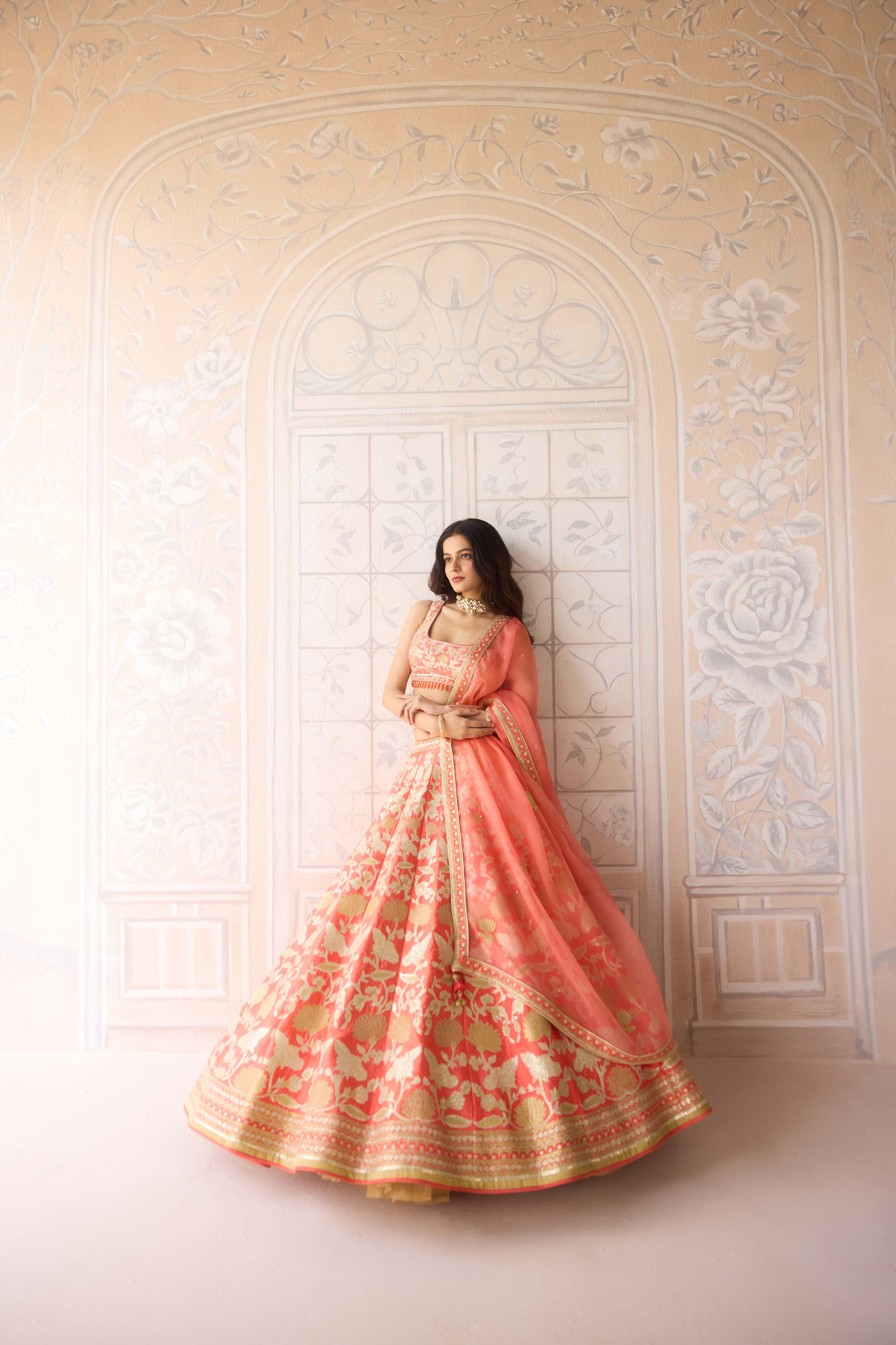 Raw silk coral orange gold applique embroidered lehenga set with organza dupatta