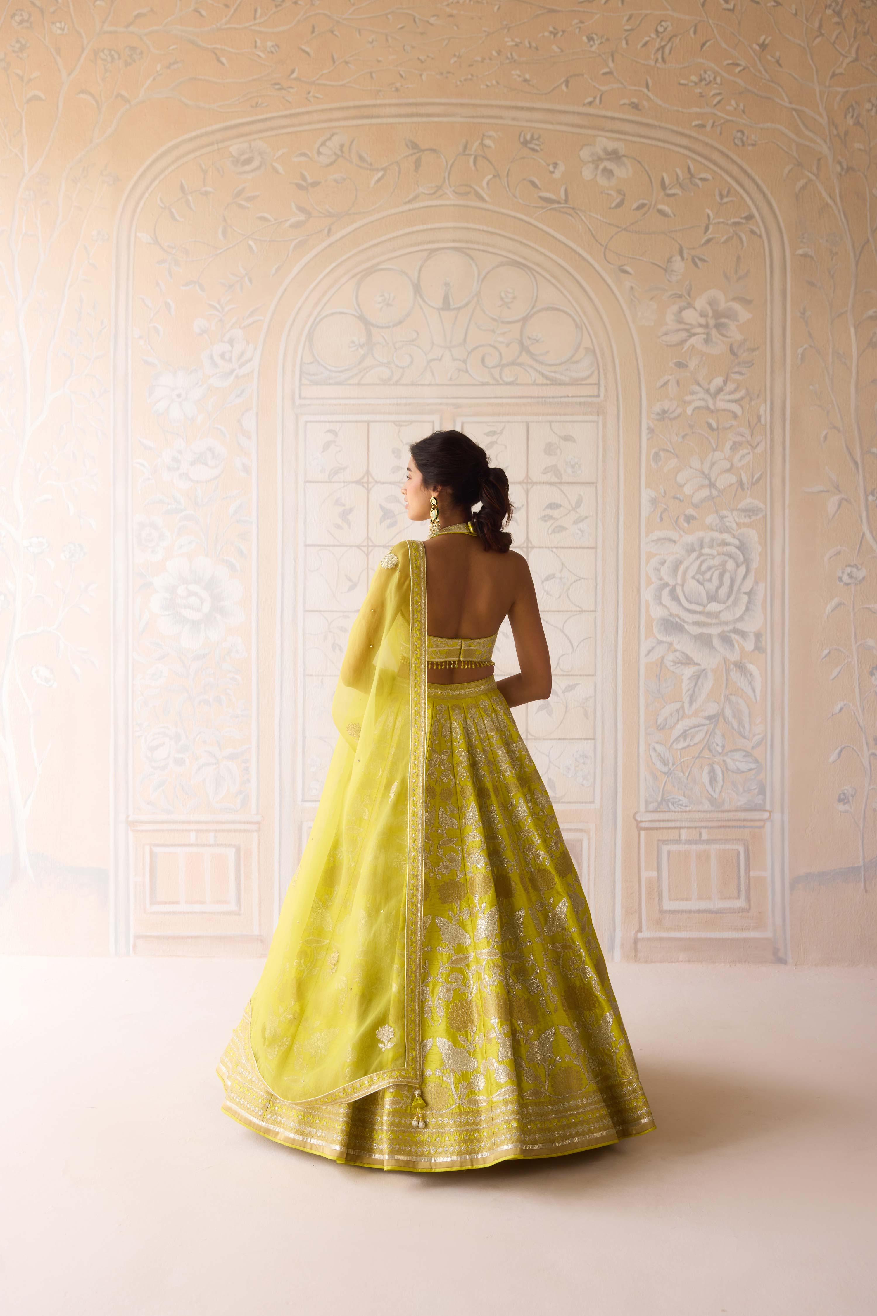 Raw silk spring green gold applique and thread embroidered lehenga set with organza dupatta