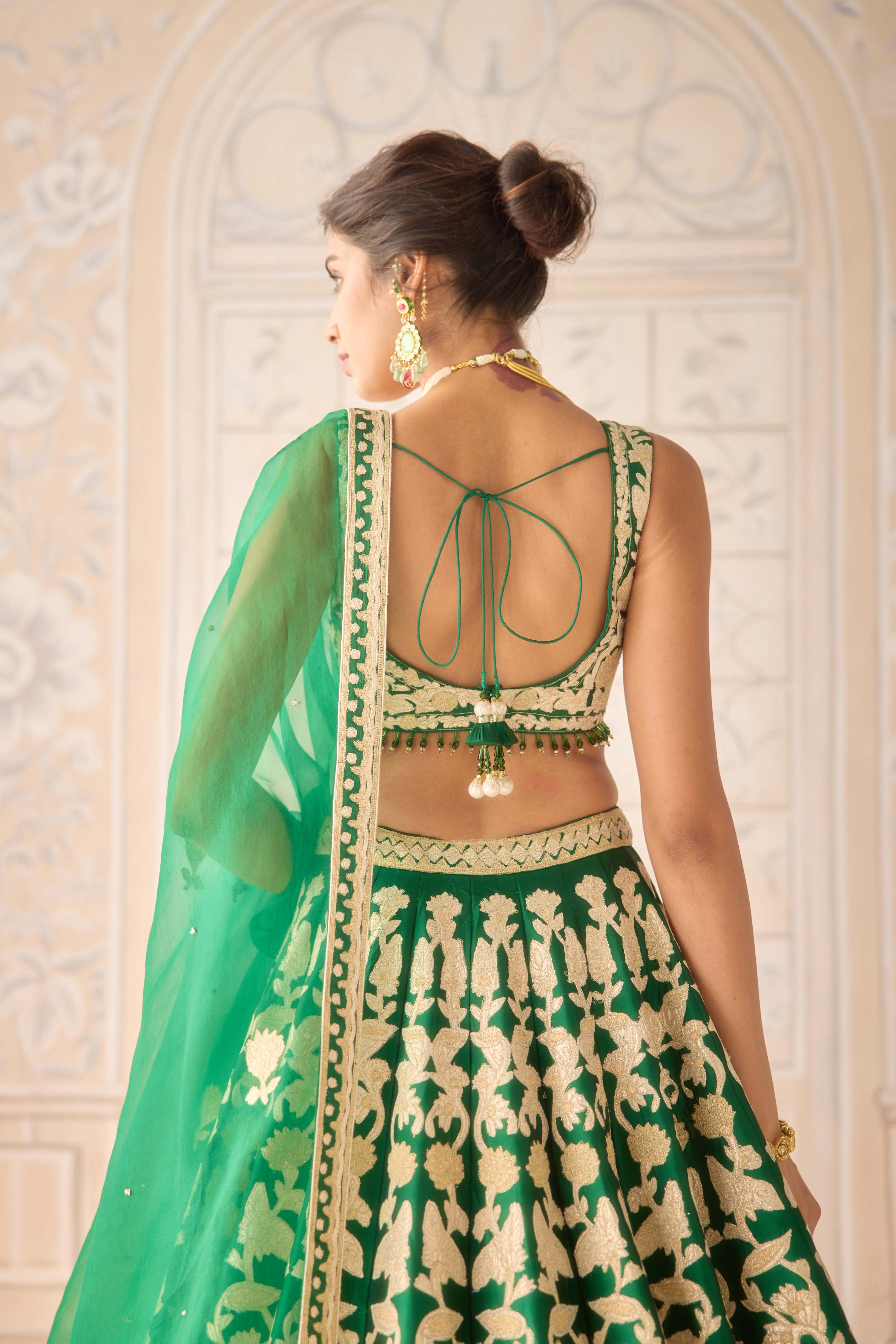 Raw silk dark green gold applique embroidered lehenga set with organza dupatta