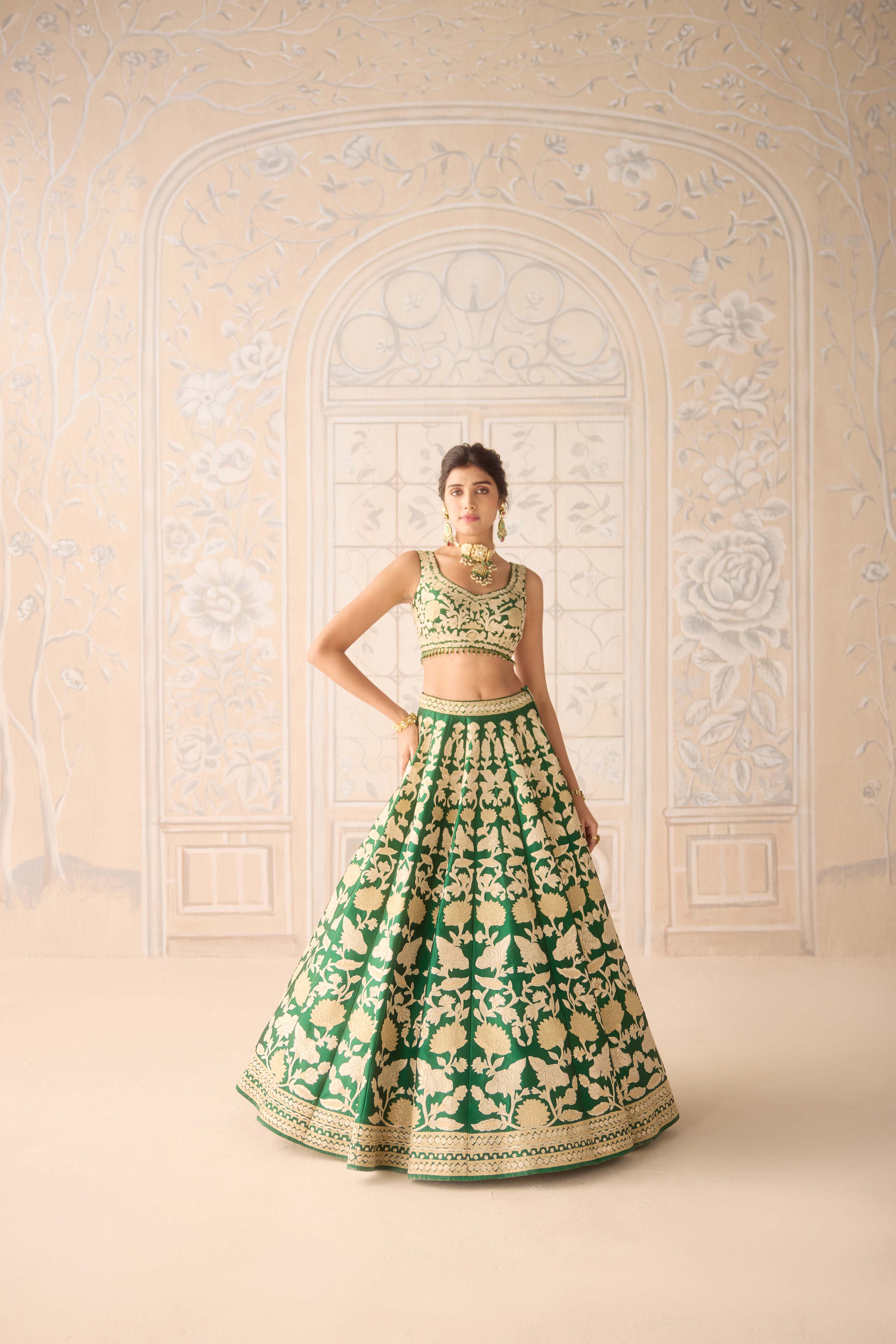 Raw silk dark green gold applique embroidered lehenga set with organza dupatta