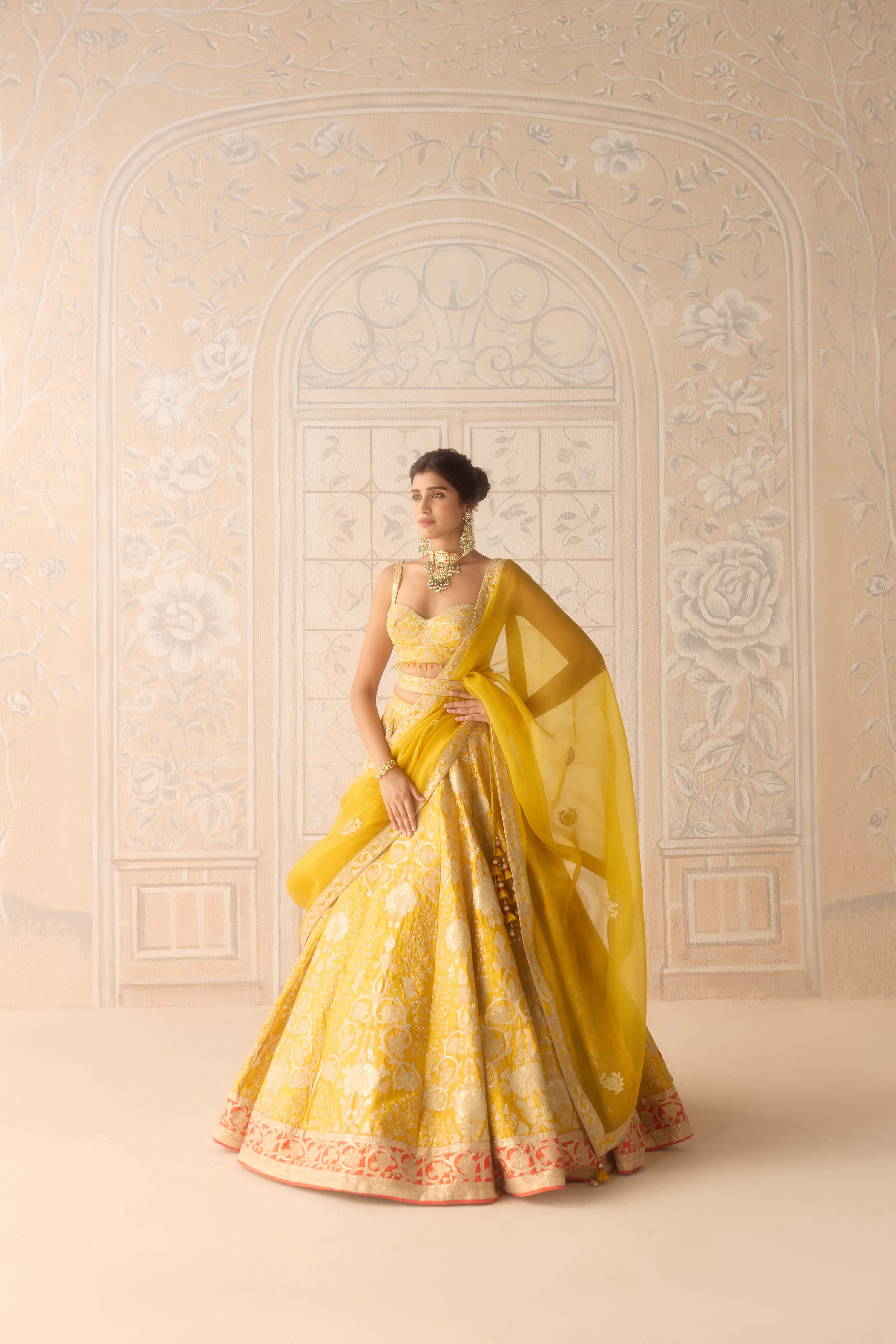 Raw silk dandelion yellow gold applique and thread embroidered lehenga set with organza dupatta