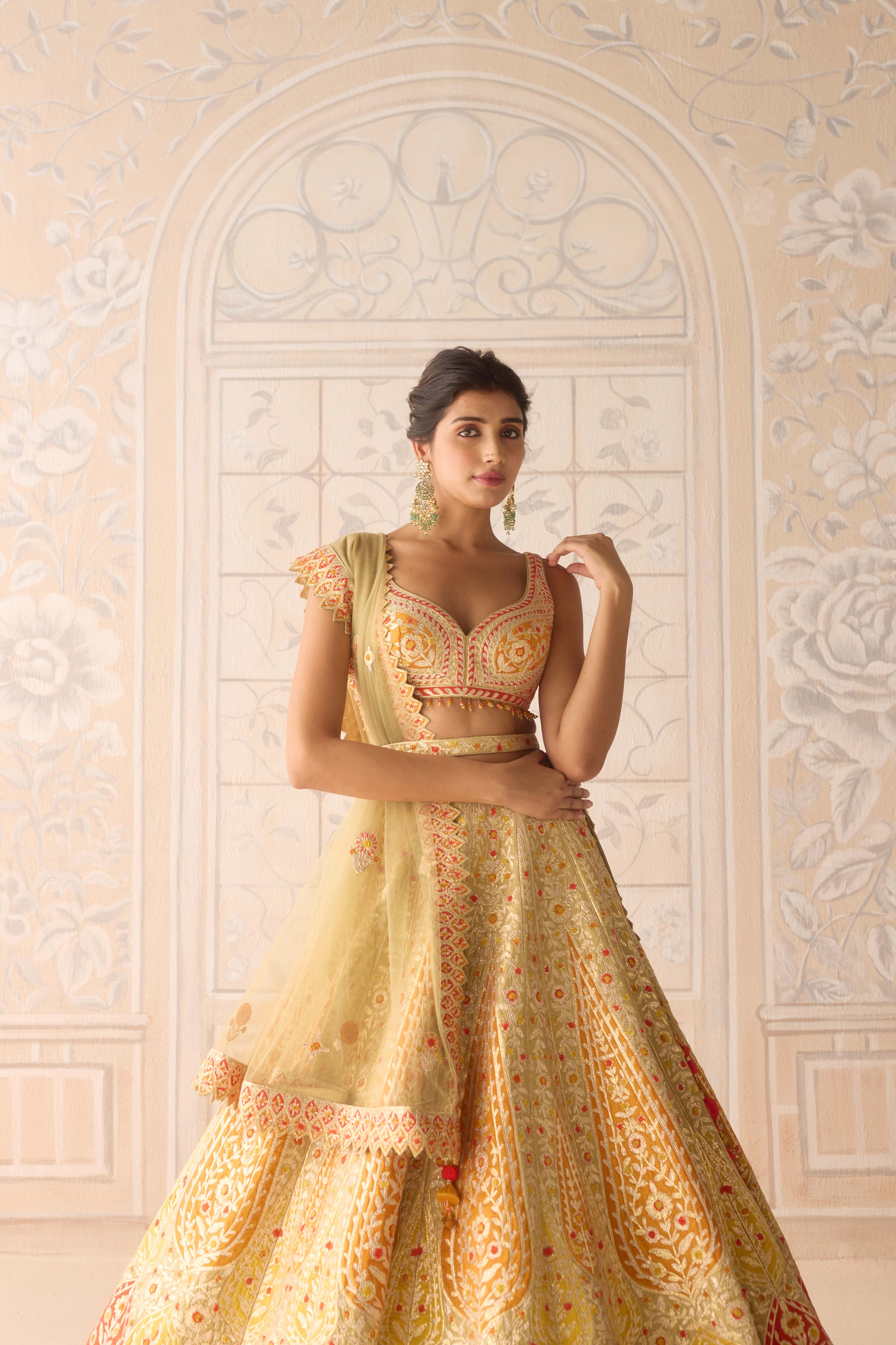 Acacia yellow multi coloured applique and gota embroidered lehenga with organza dupatta