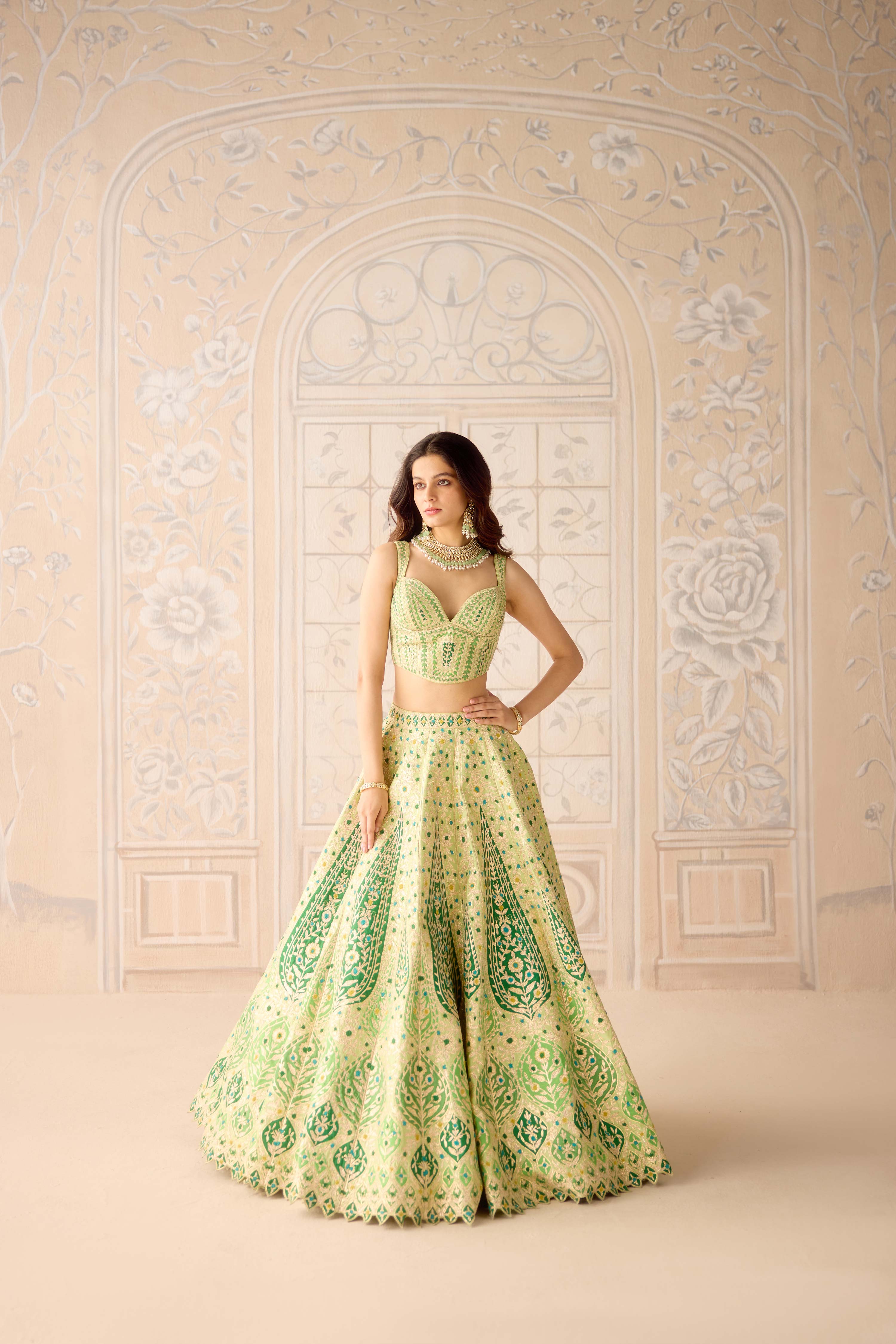 Butterfly green multi coloured applique and gota embroidered lehenga with organza dupatta