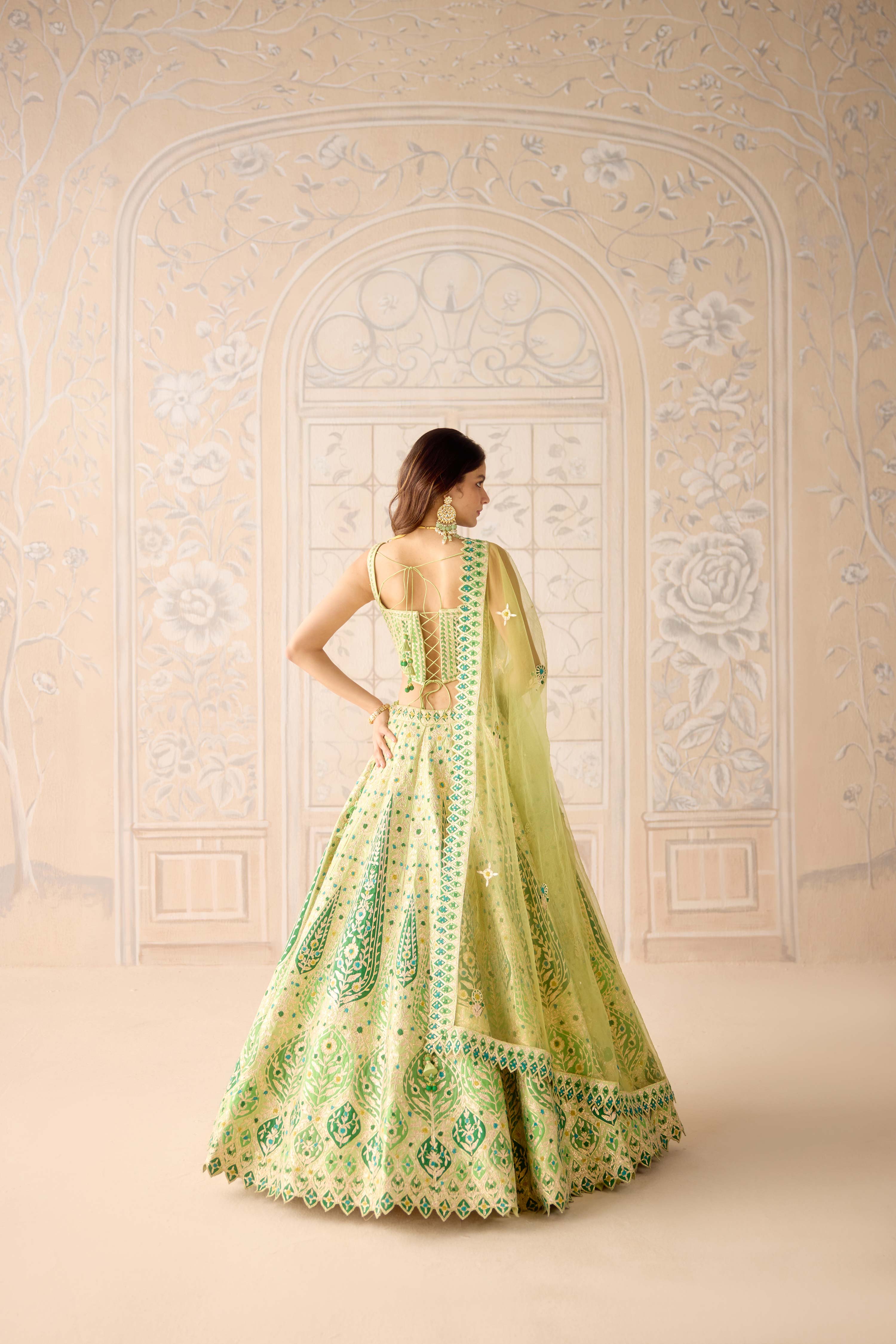 Butterfly green multi coloured applique and gota embroidered lehenga with organza dupatta