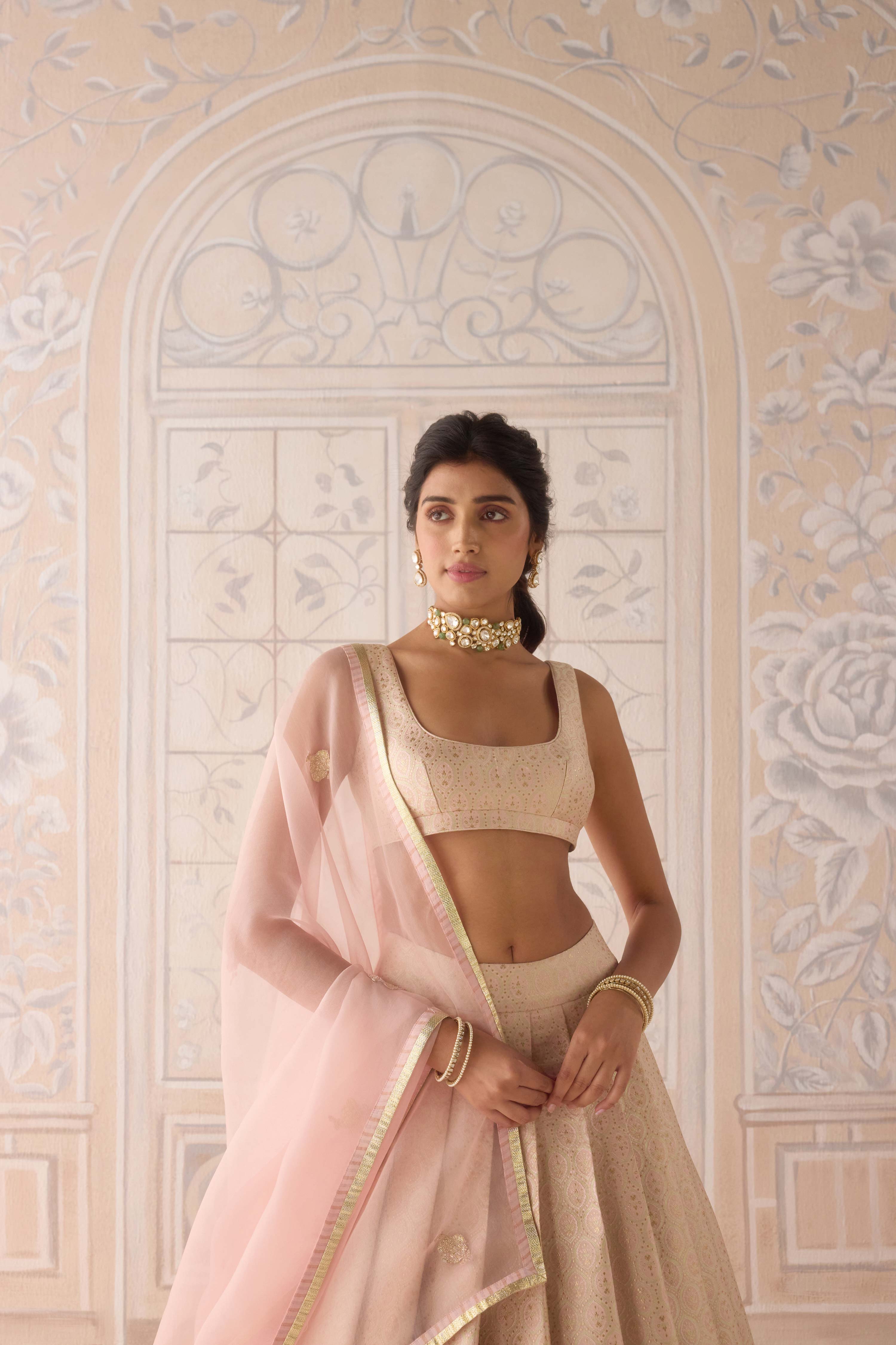 Pearl pink brocade pleated lehenga with lurex patch dupatta