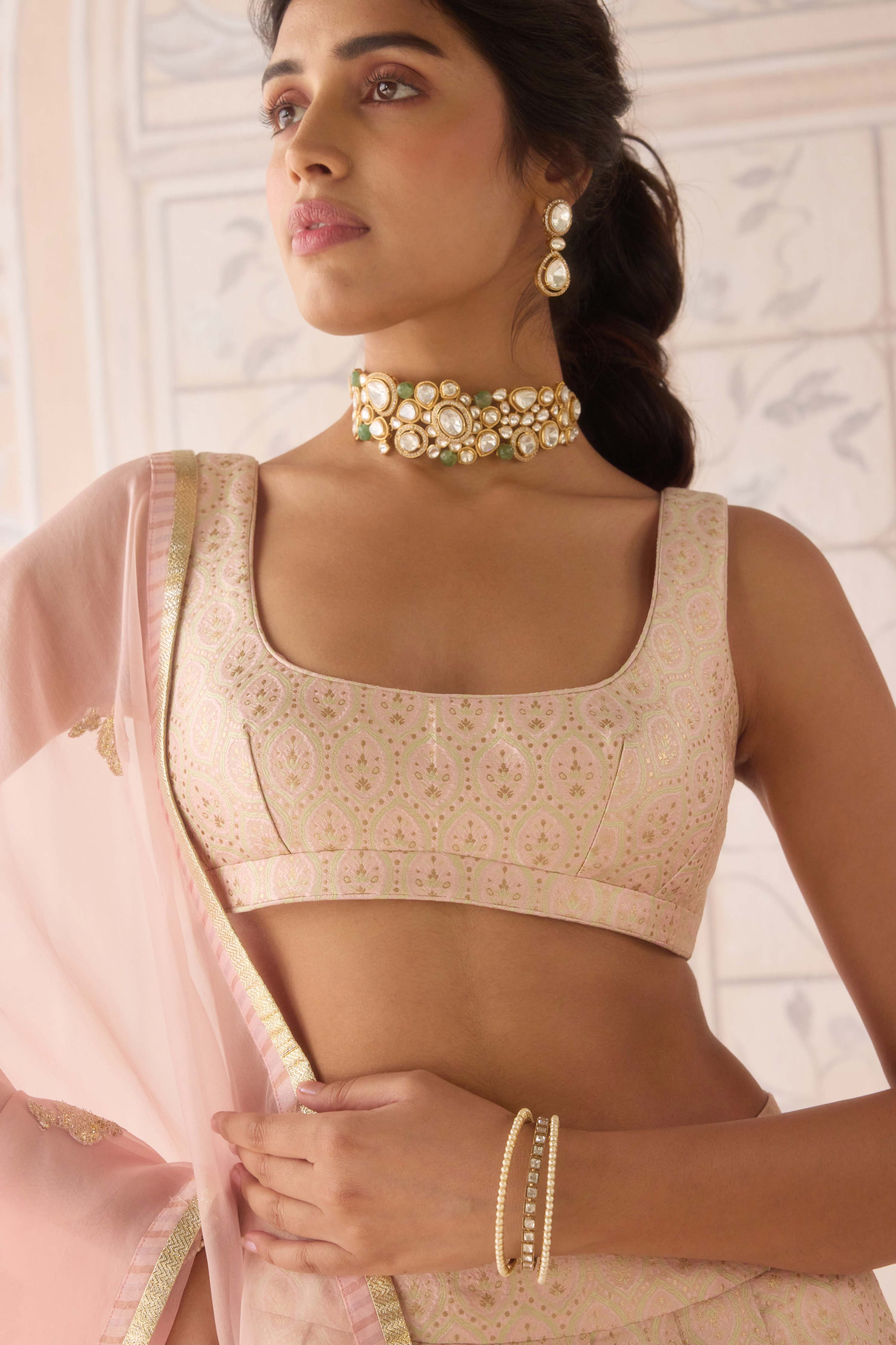 Pearl pink brocade pleated lehenga with lurex patch dupatta