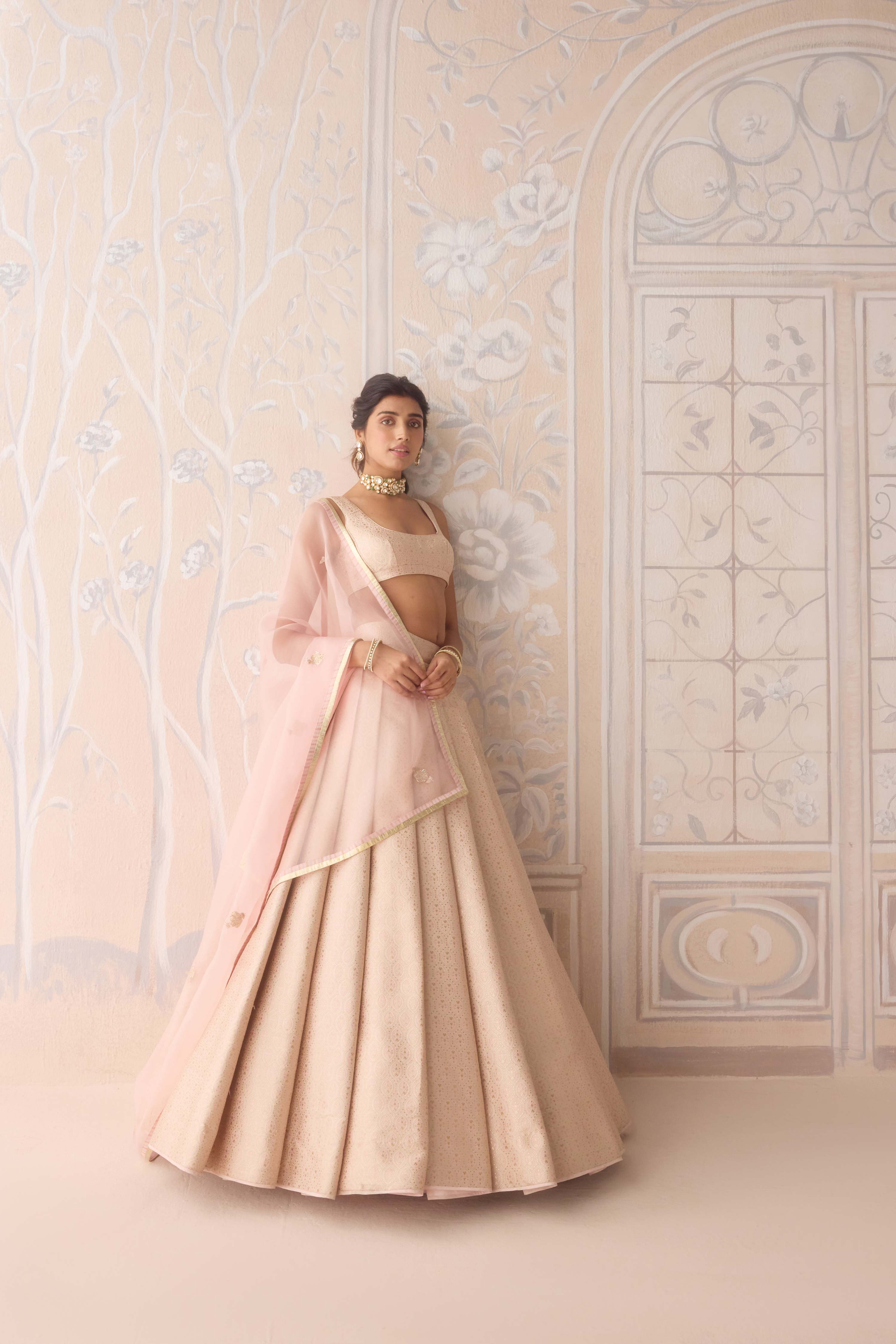 Pearl pink brocade pleated lehenga with lurex patch dupatta