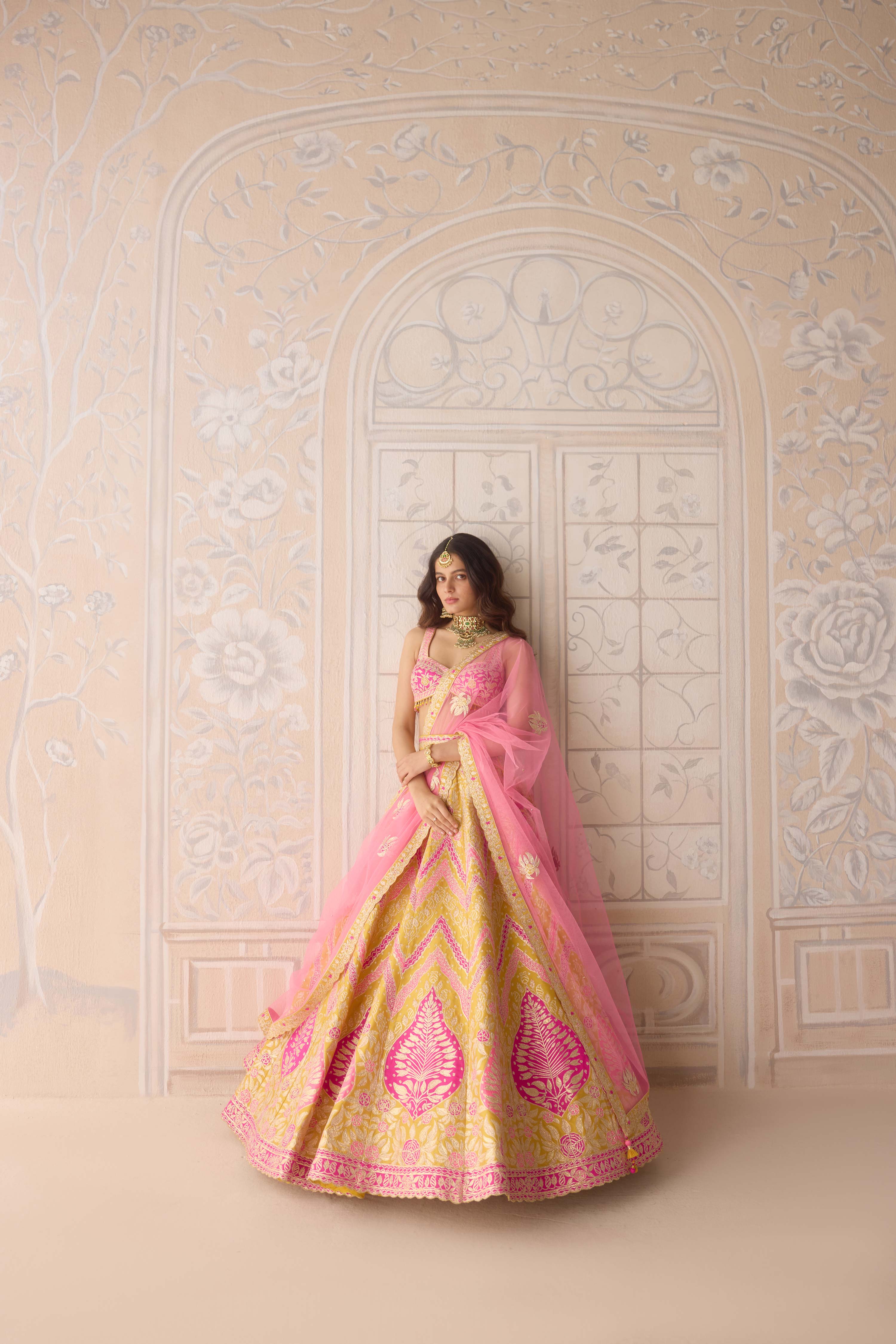 Raw silk freesia yellow multi coloured applique and gota embroidered lehenga set with organza dupatta