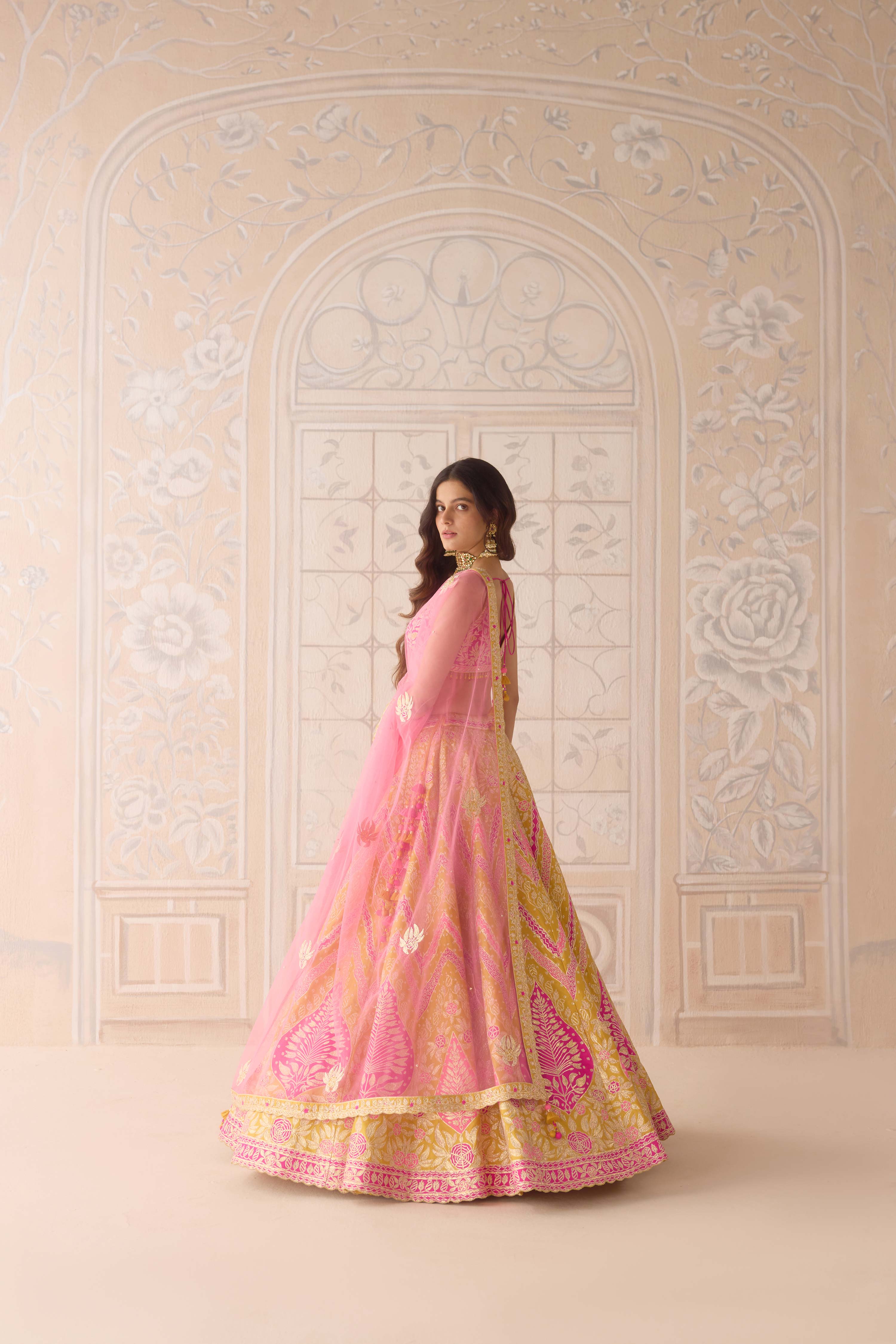 Raw silk freesia yellow multi coloured applique and gota embroidered lehenga set with organza dupatta