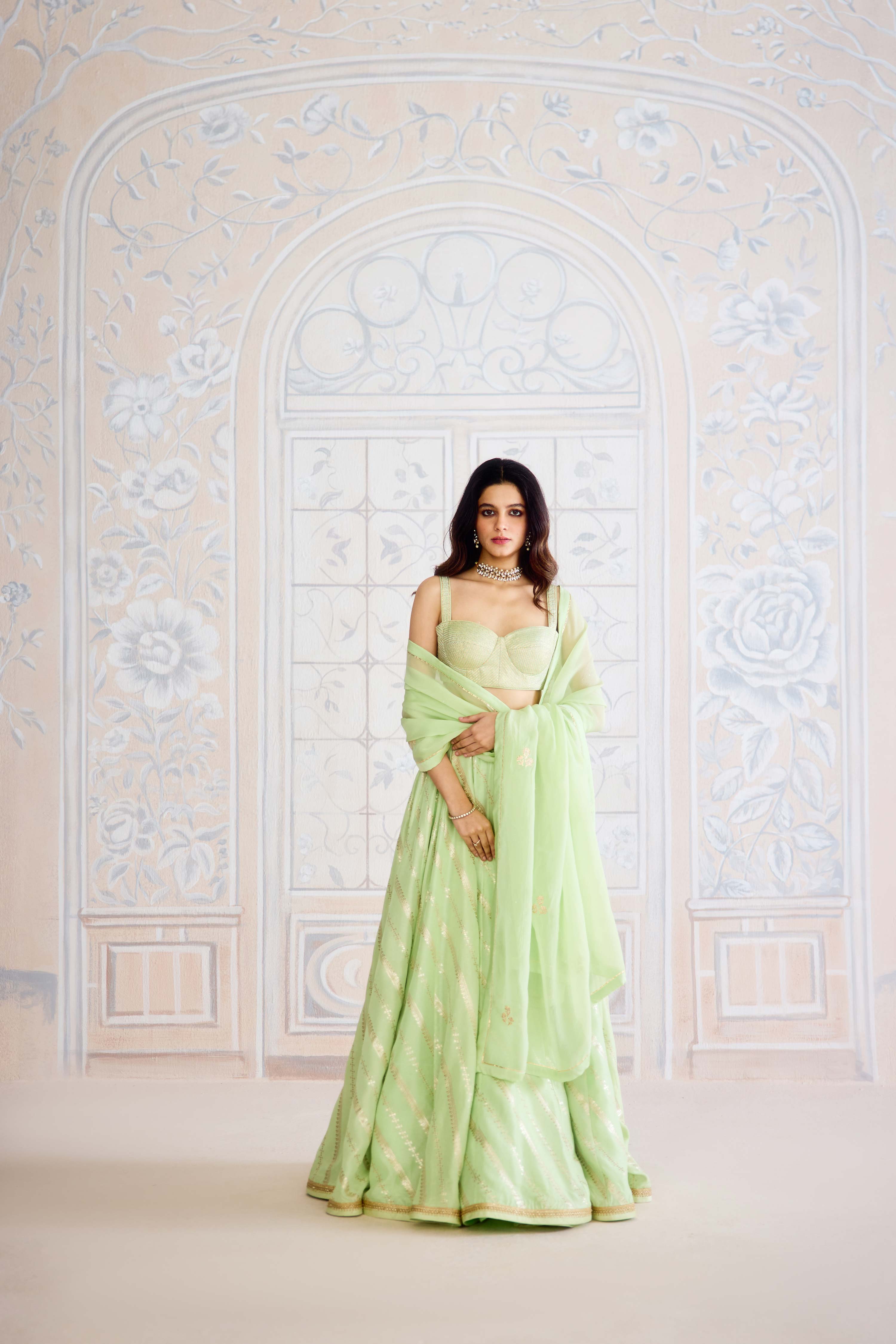 Butterfly green light gold brocade lehenga with gota embroidered blouse and organza dupatta