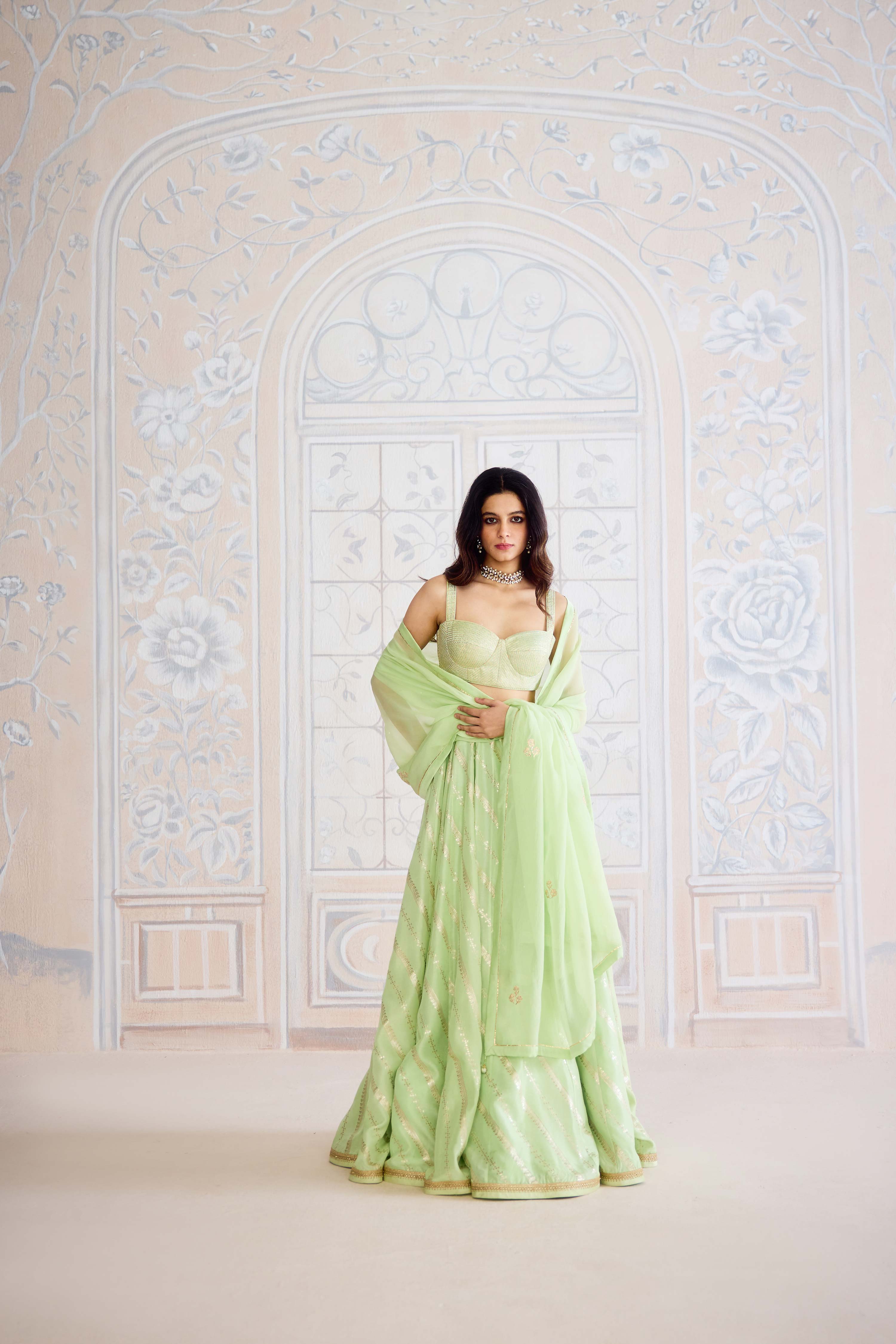 Butterfly green light gold brocade lehenga with gota embroidered blouse and organza dupatta