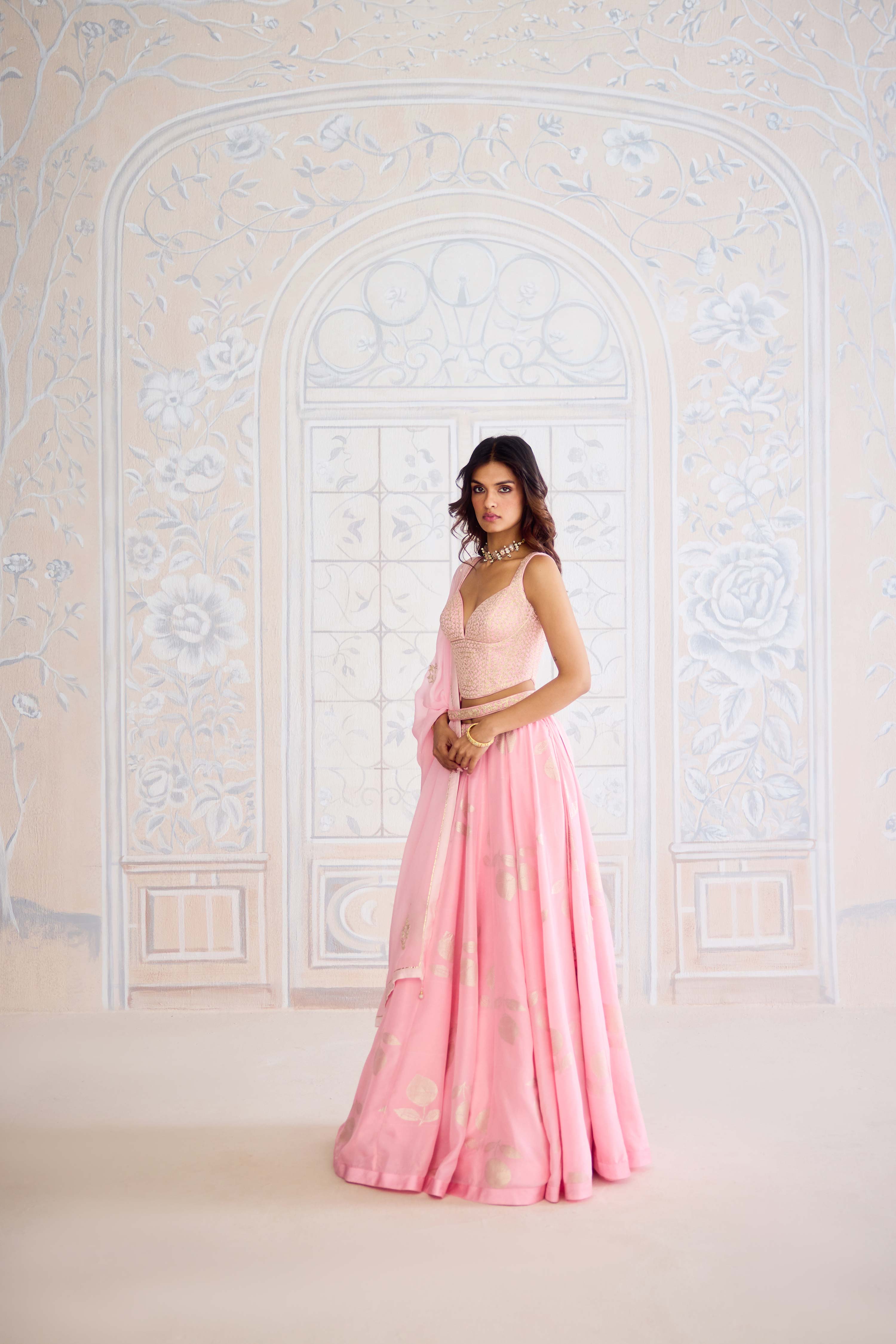 Crystal rose pink light gold brocade lehenga with gota embroidered blouse and organza dupatta