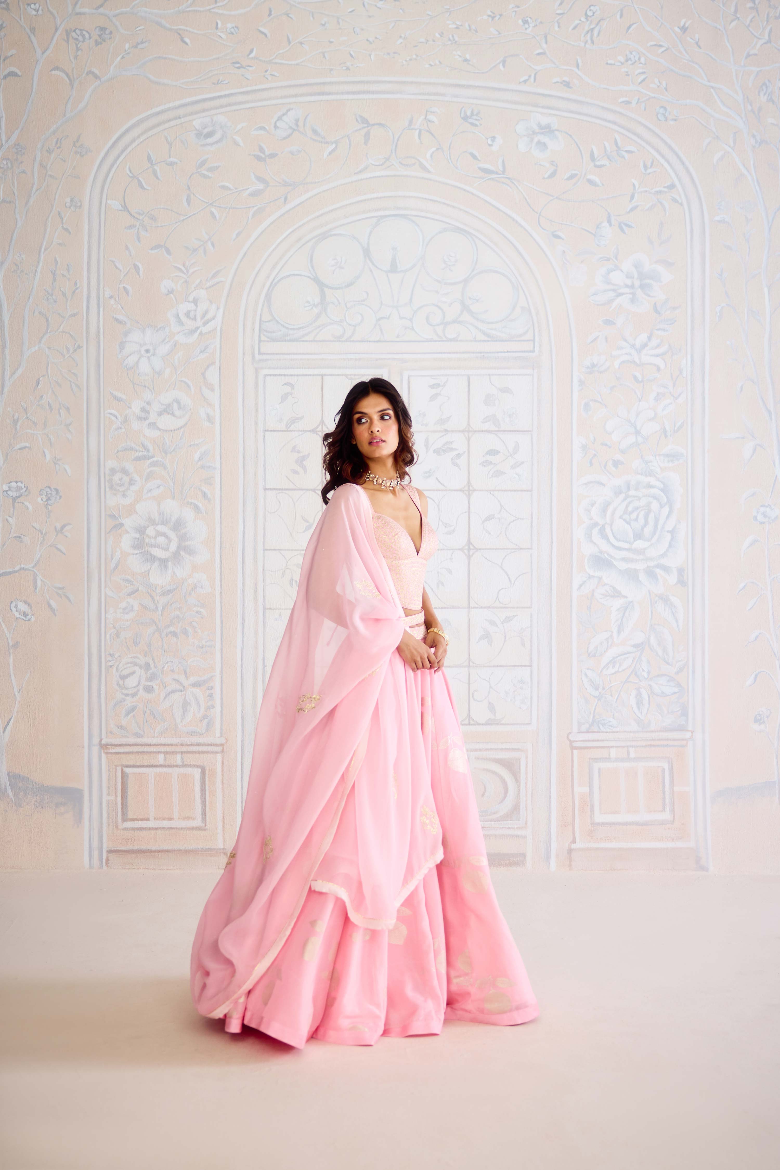 Crystal rose pink light gold brocade lehenga with gota embroidered blouse and organza dupatta
