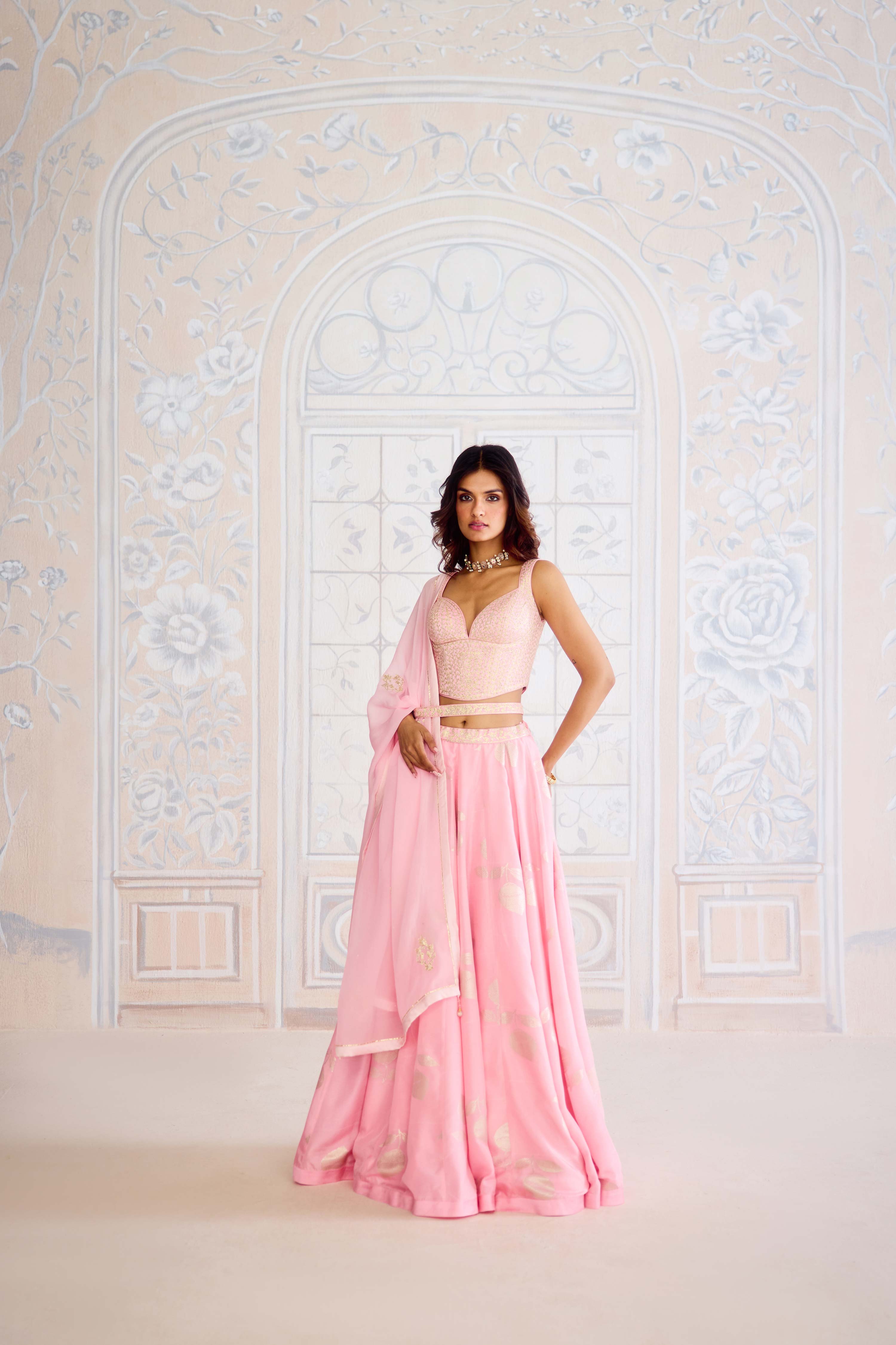 Crystal rose pink light gold brocade lehenga with gota embroidered blouse and organza dupatta