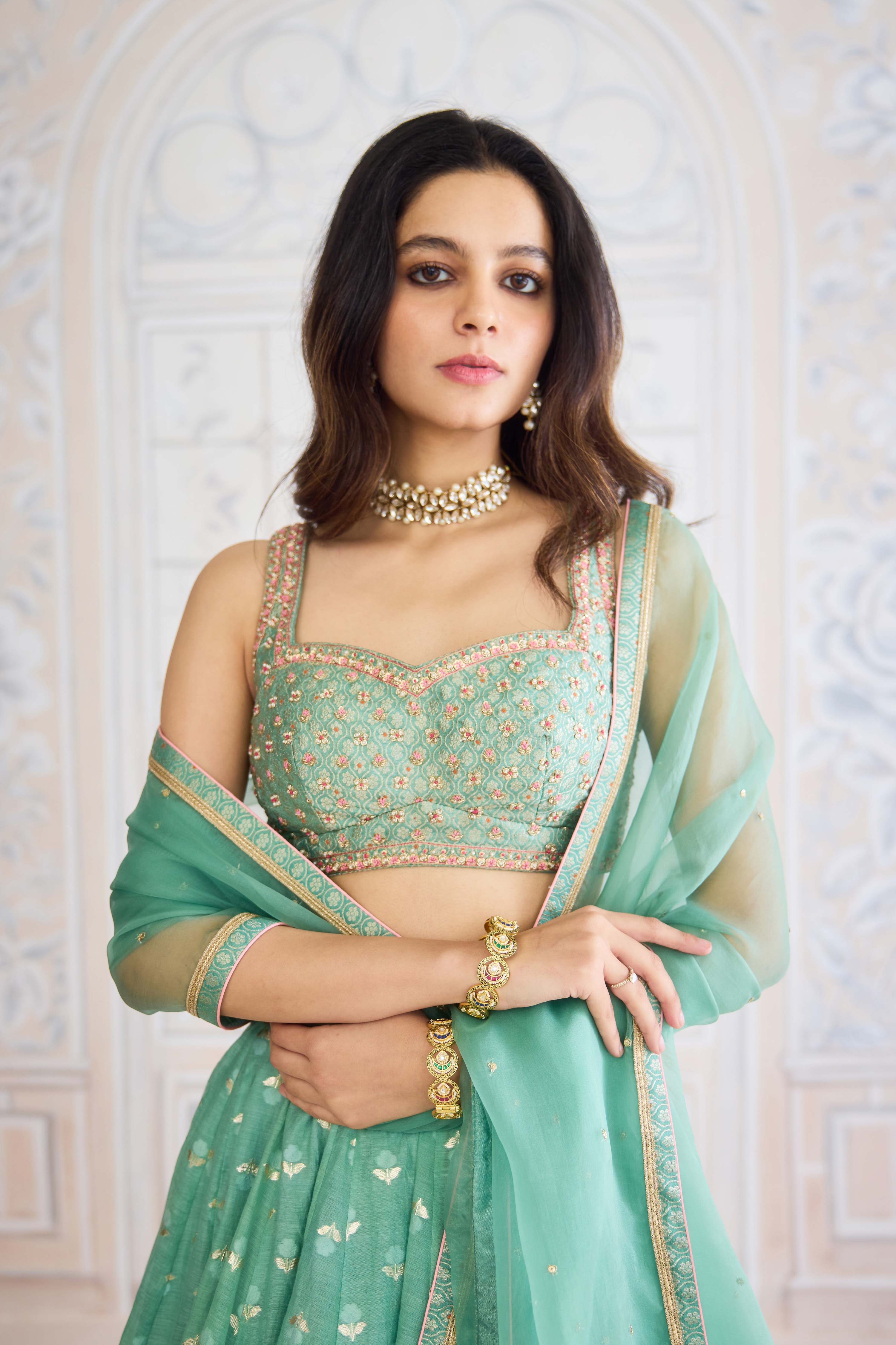 Neptune green chanderi brocade lehenga with zardozi embroidered brocade blouse and organza dupatta