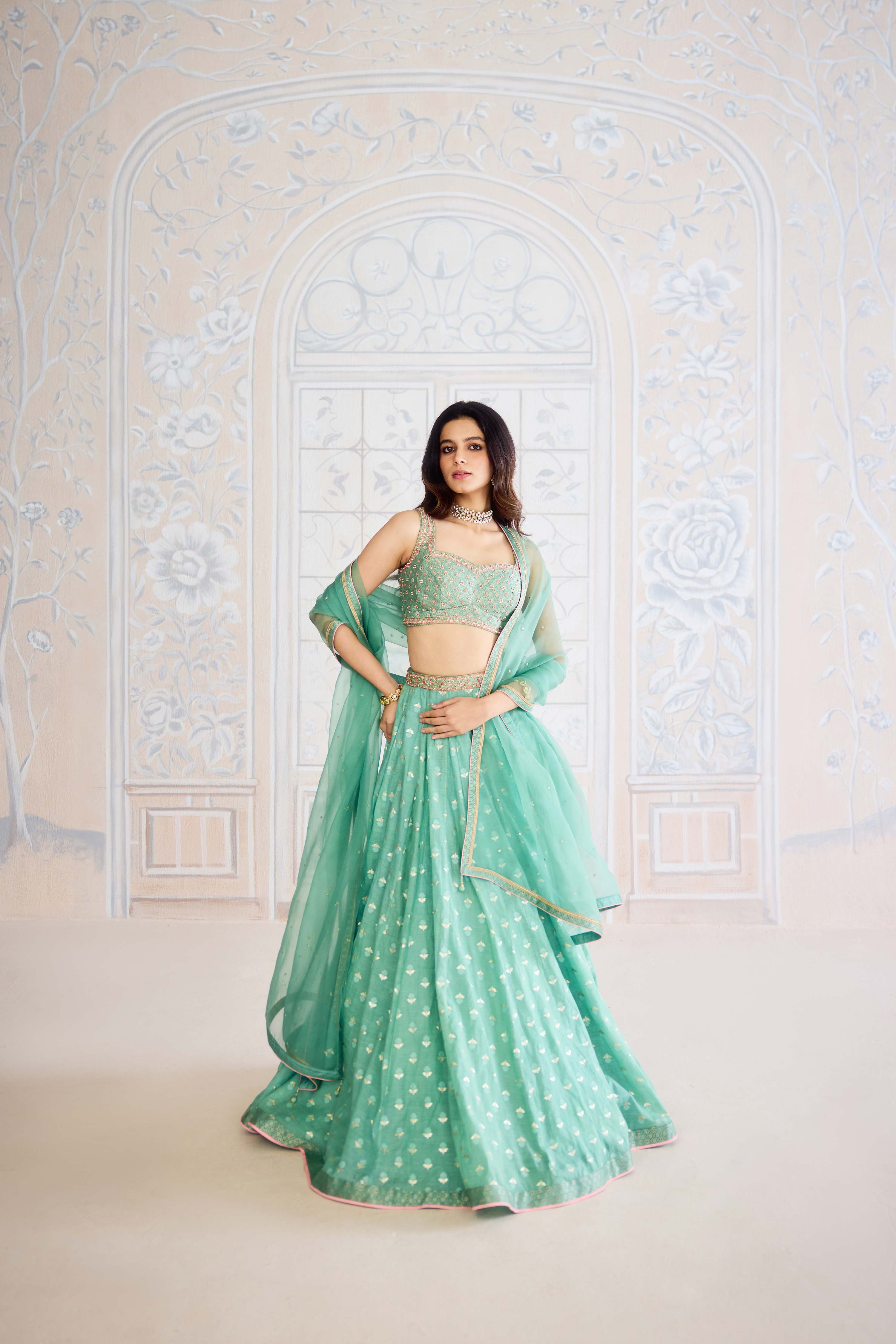 Neptune green chanderi brocade lehenga with zardozi embroidered brocade blouse and organza dupatta