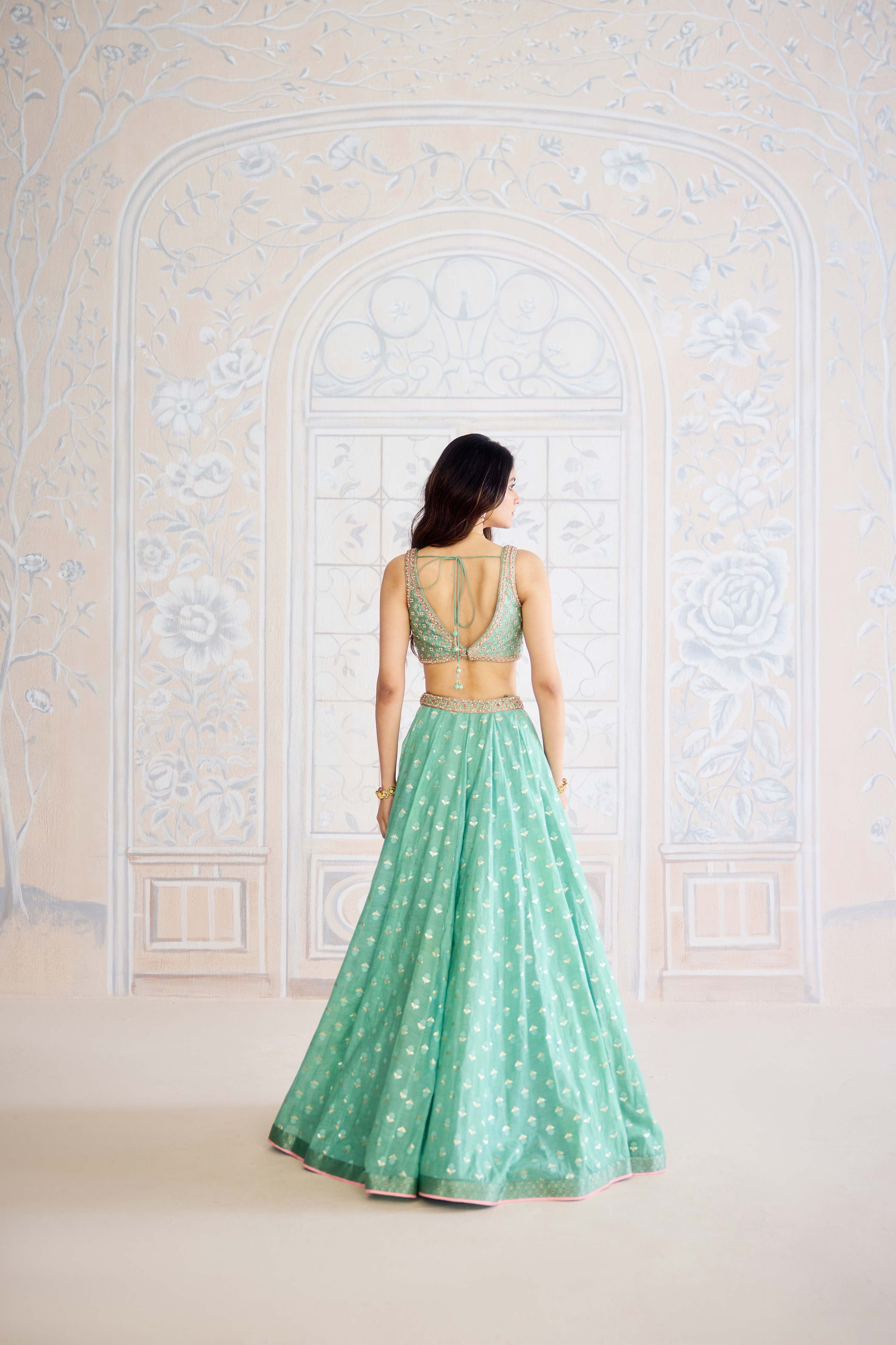 Neptune green chanderi brocade lehenga with zardozi embroidered brocade blouse and organza dupatta