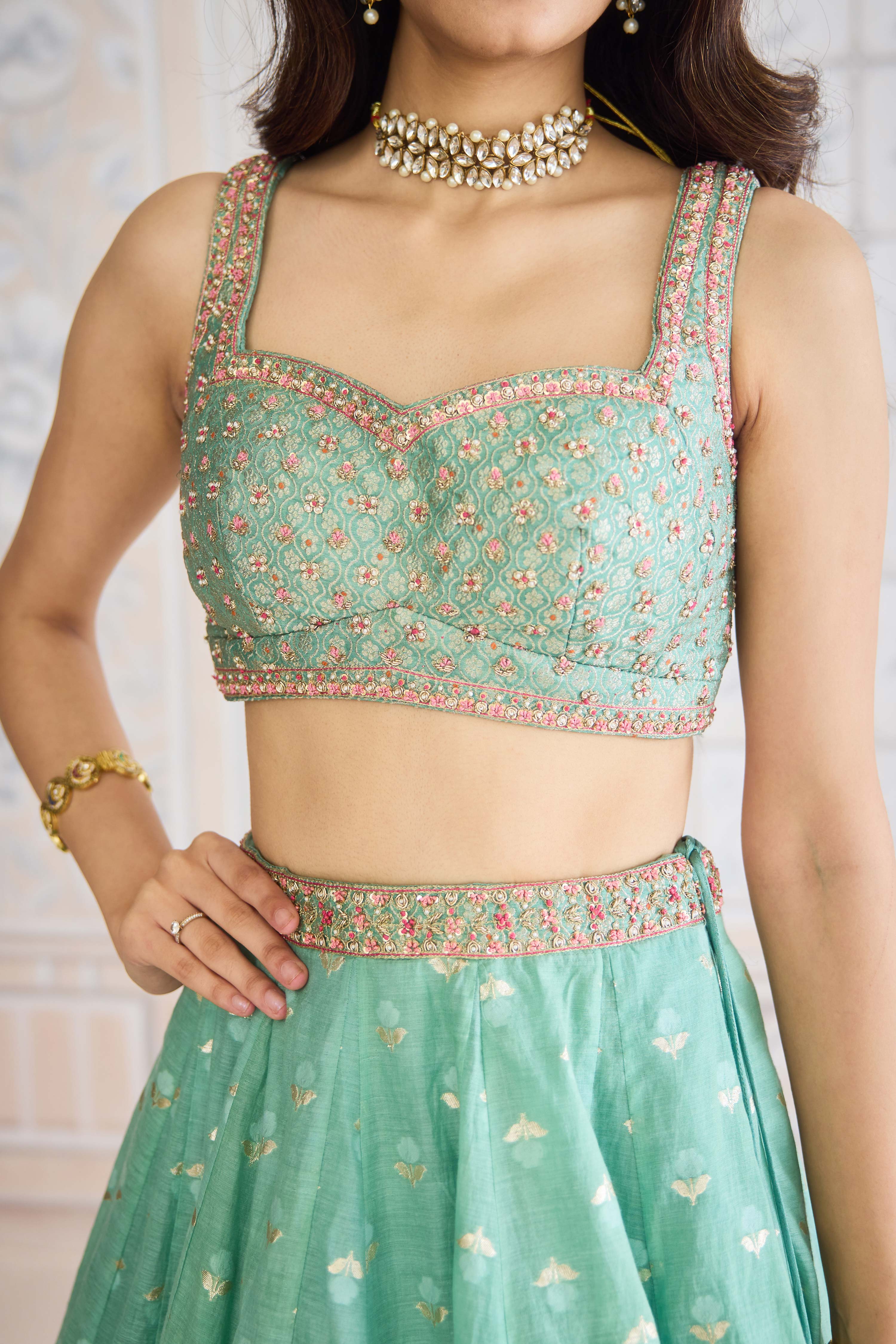 Neptune green chanderi brocade lehenga with zardozi embroidered brocade blouse and organza dupatta