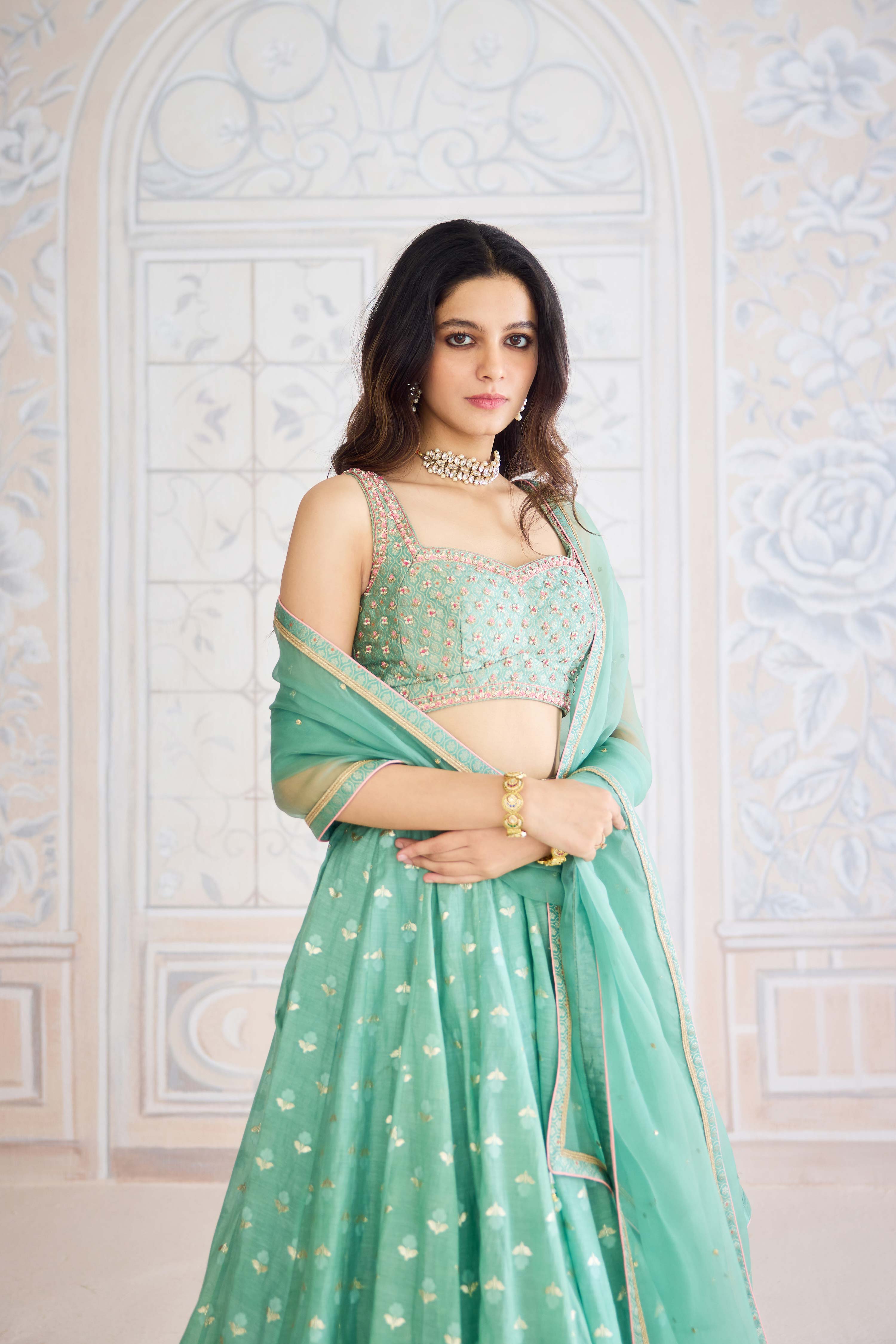 Neptune green chanderi brocade lehenga with zardozi embroidered brocade blouse and organza dupatta