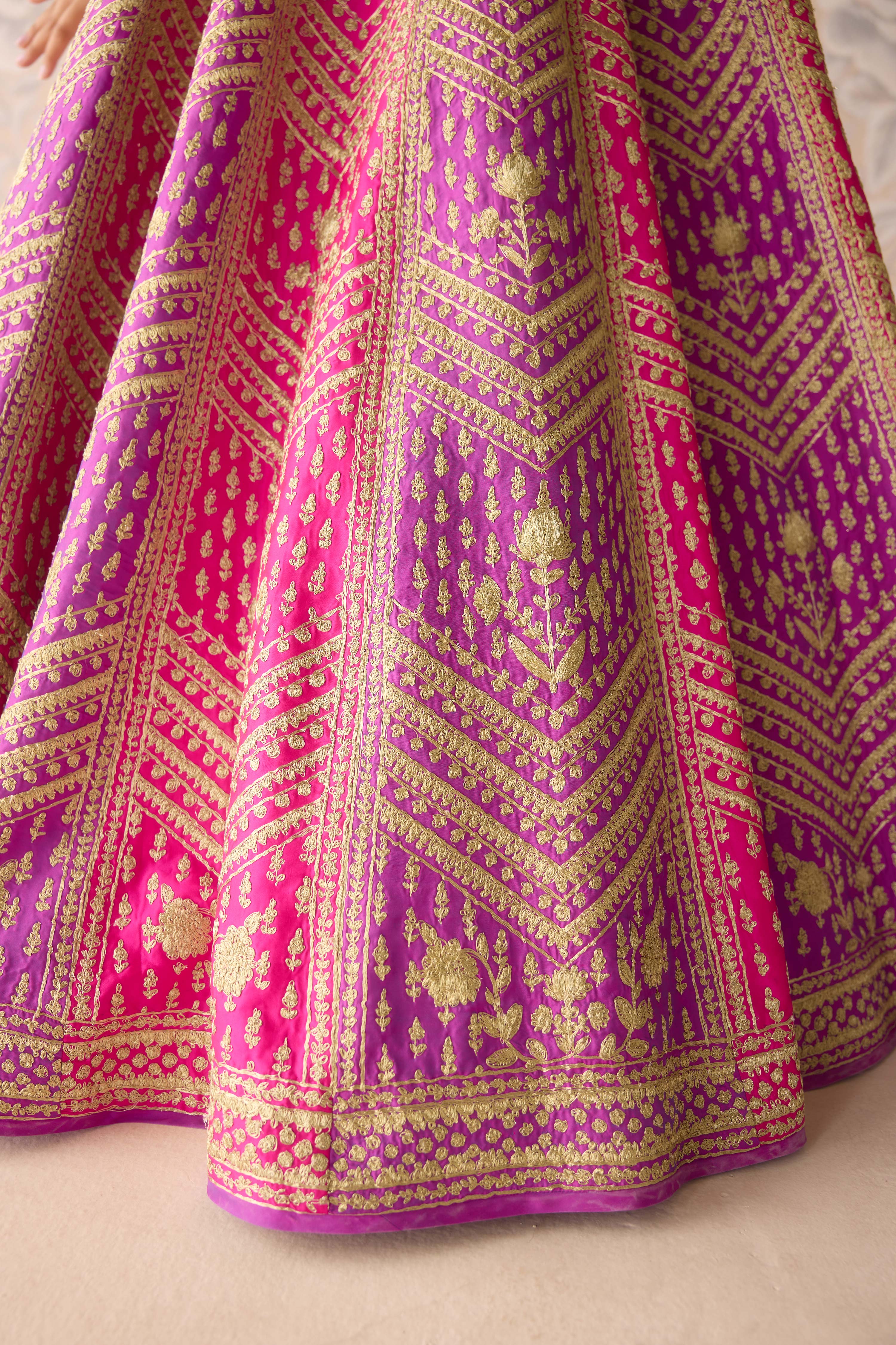Raw silk purple pink gold dori embroidered lehenga set with organza dupatta