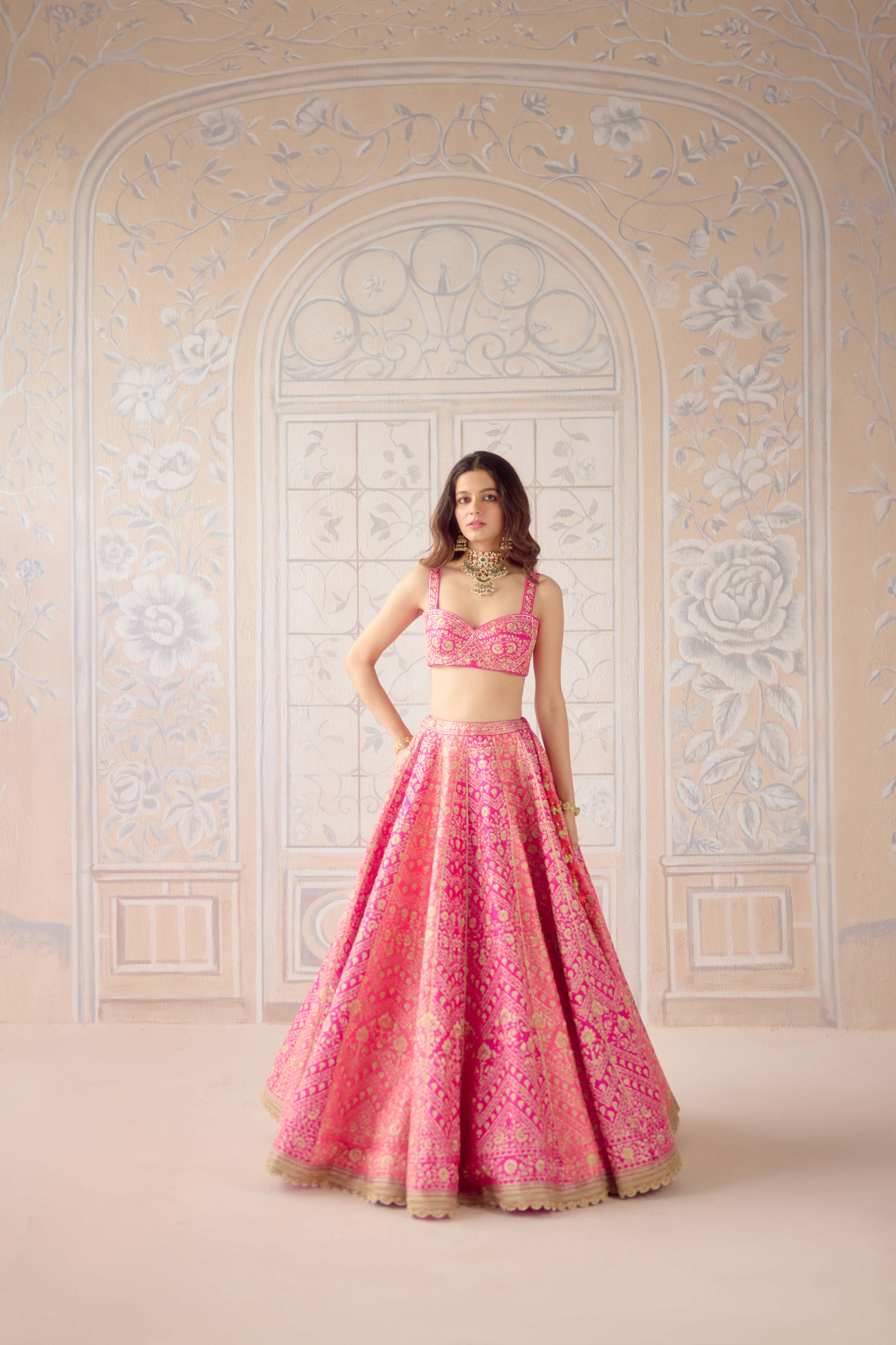Raw silk coral pink gold dori embroidered lehenga set with organza dupatta