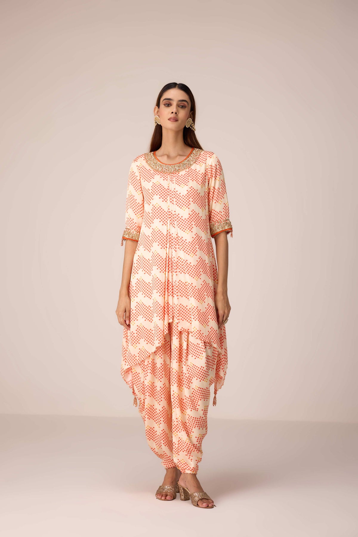 Ivory printed and embroidered kurta dhoti set