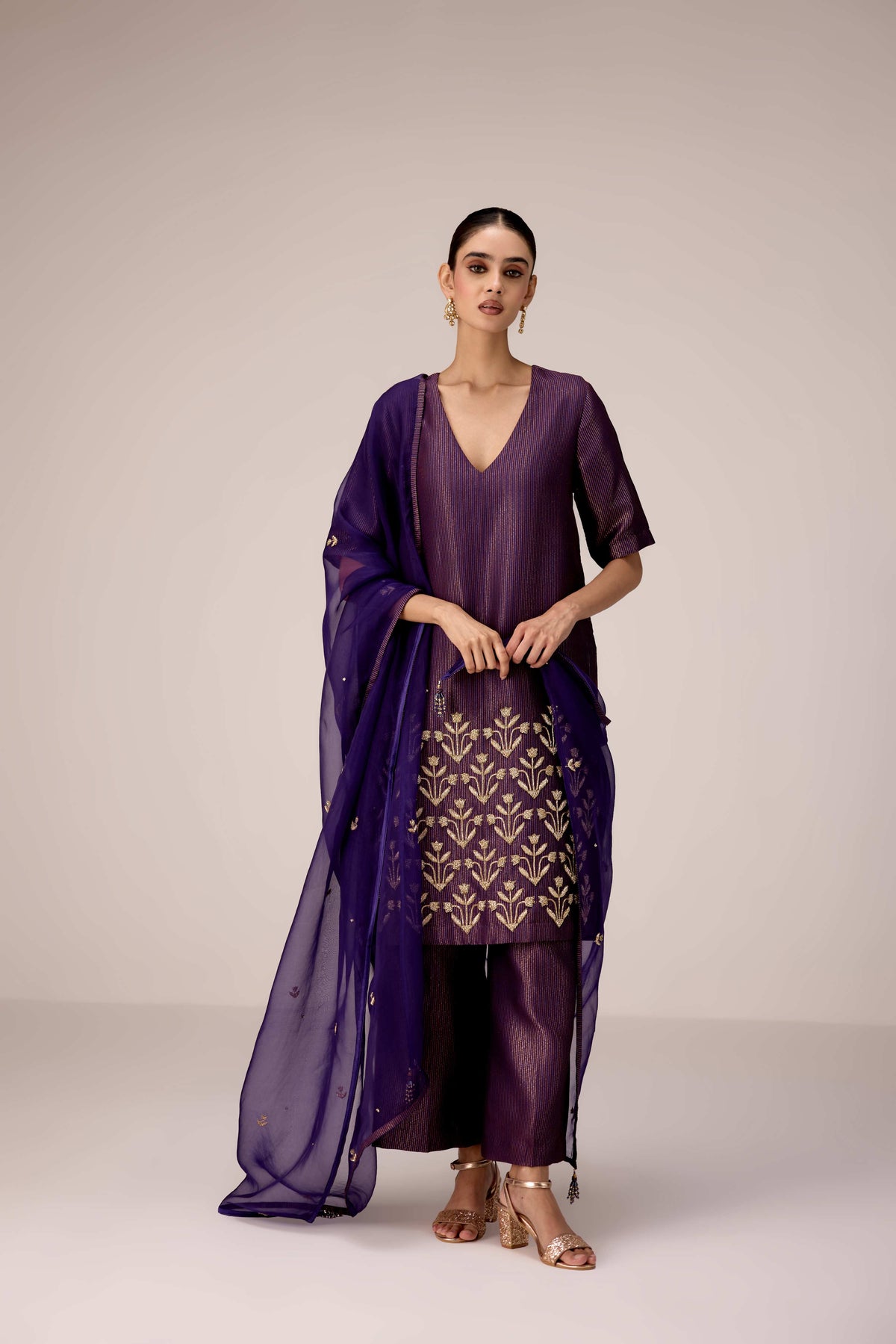 Purple wine zardozi embroidered kurta pants set
