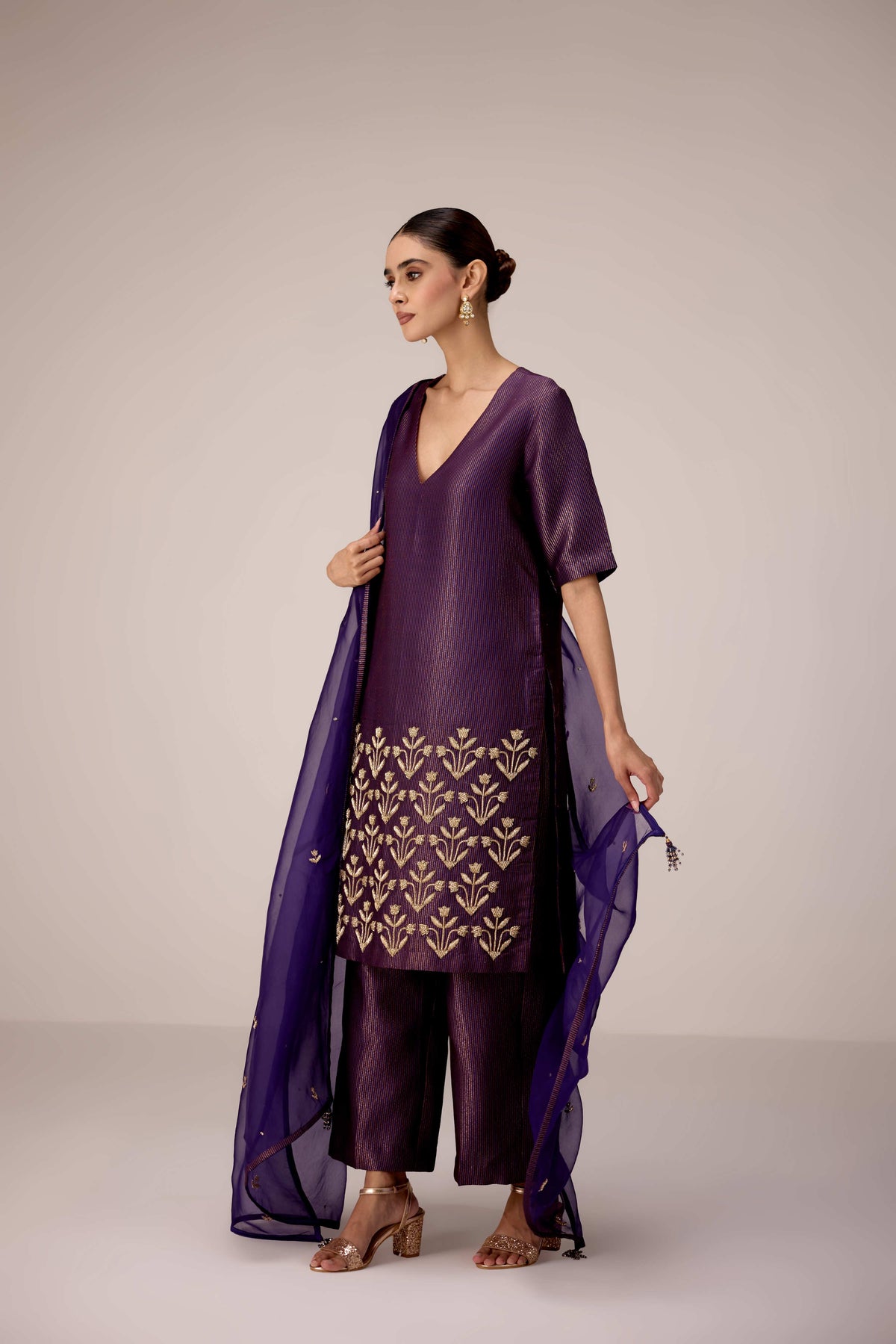Purple wine zardozi embroidered kurta pants set