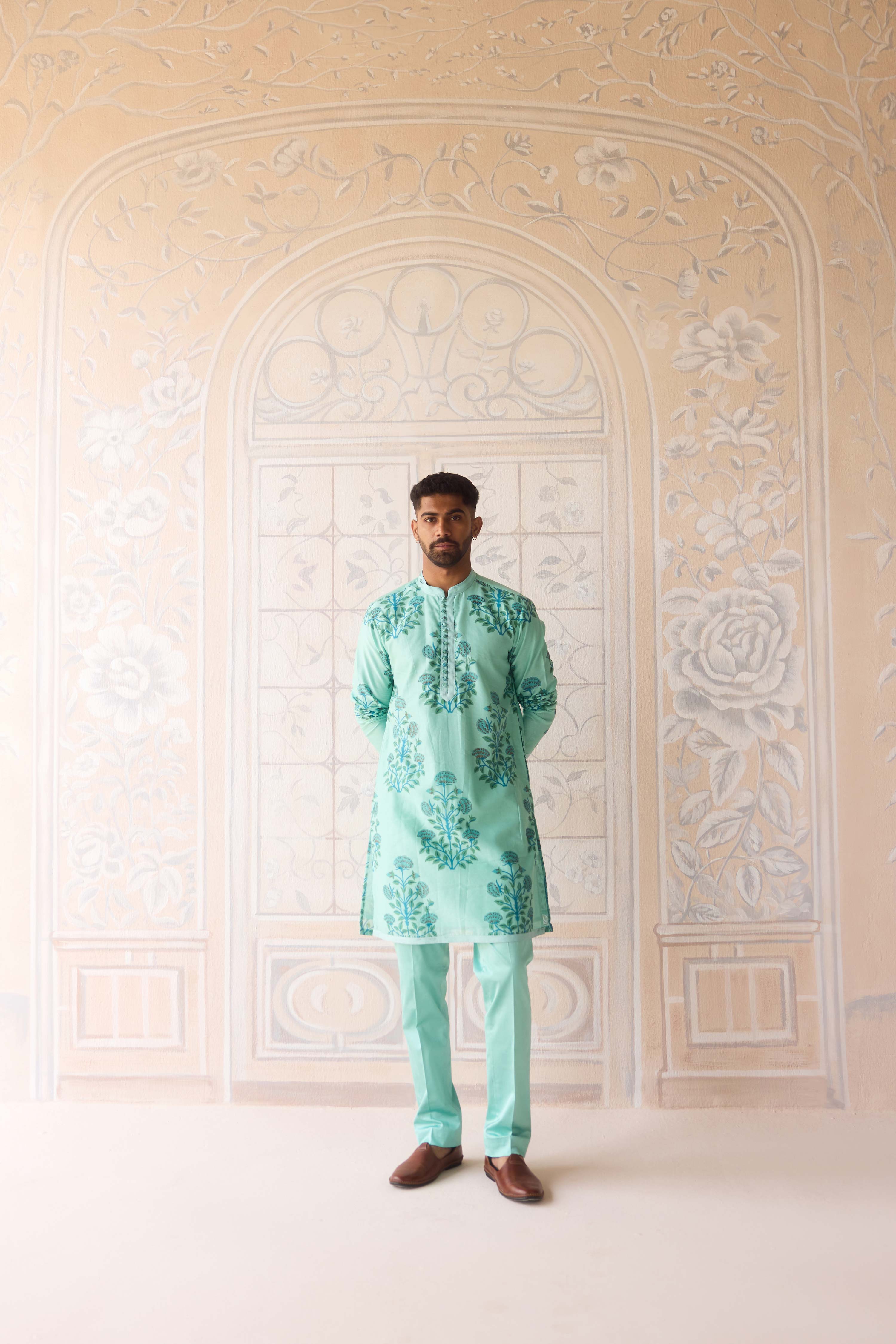 Plume blue hand block printed chanderi kurta with dori quilted dola silk waist coat