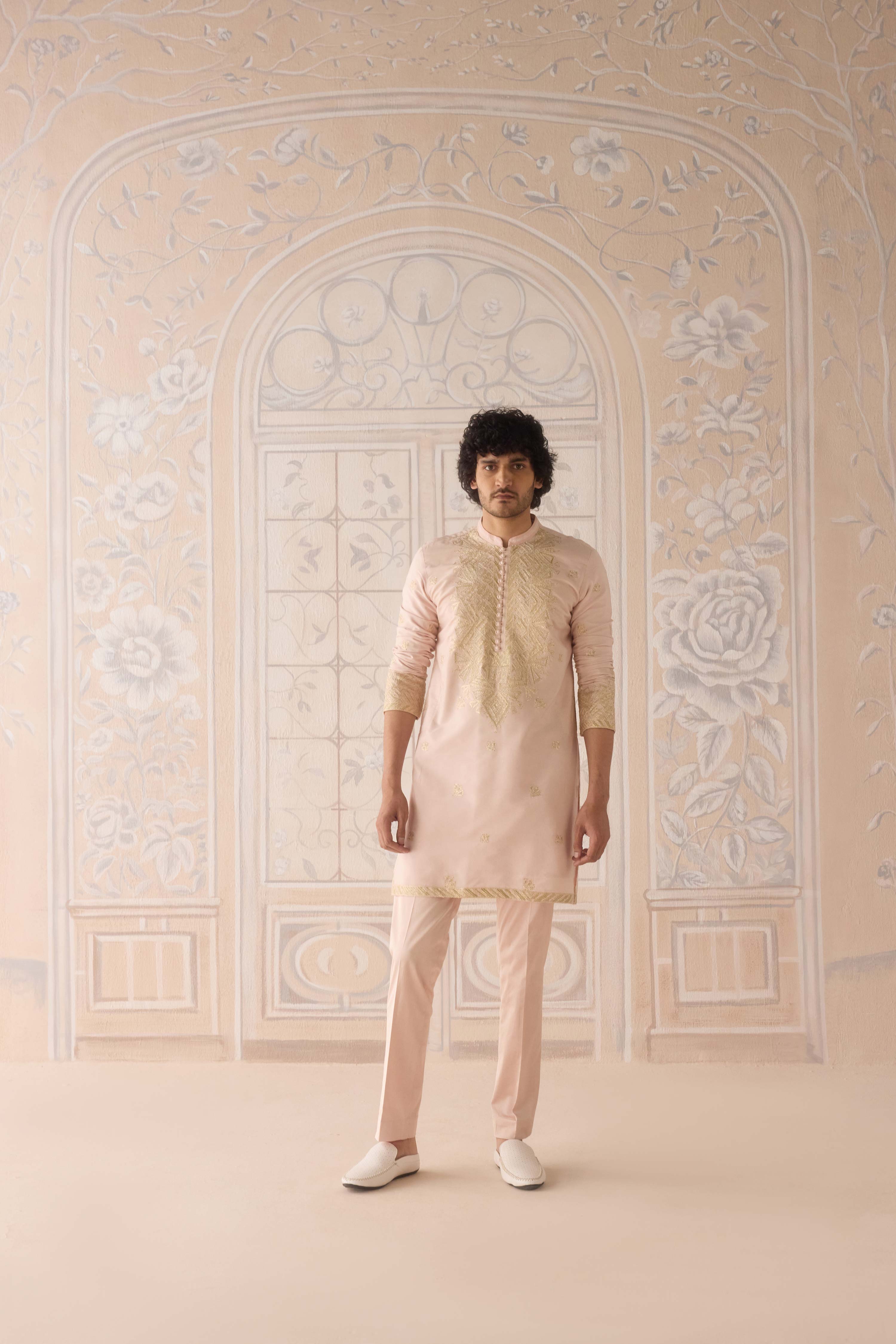 Snow pink gold dori and thread embroidered cotton silk kurta with trousers